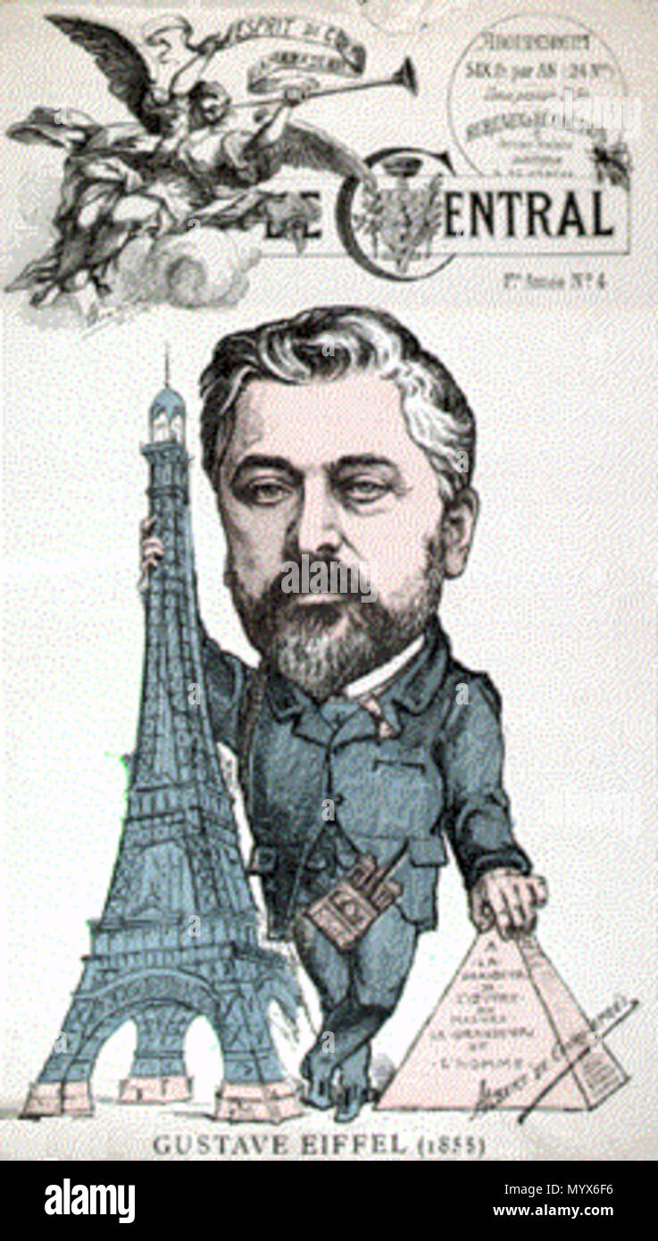 . Français : Caricatura de Gustave Eiffel parue suite à la protestation des artistes. Publiée dans Le Temps, le 14 février 1887, Alexandre Dumas figlio, Guy de Maupassant, Charles Gounod, Leconte de Lisle, Victorien Sardou, Charles Garnier, François Coppée, Sully Prudhomme, William Bouguereau, Ernest Meissonier pour les plus connus critiquaient la laideur de la Tour Eiffel, avant même qu'elle ne soit construite. Gustave Eiffel avait répondu: "La tour sieri le plus haut édifice qu'aient jamais élevé les hommes. I sieri di ne-t-elle donc pas grandioso aussi à sa façon ? Et pourquoi ce qui est ammirevole e Foto Stock