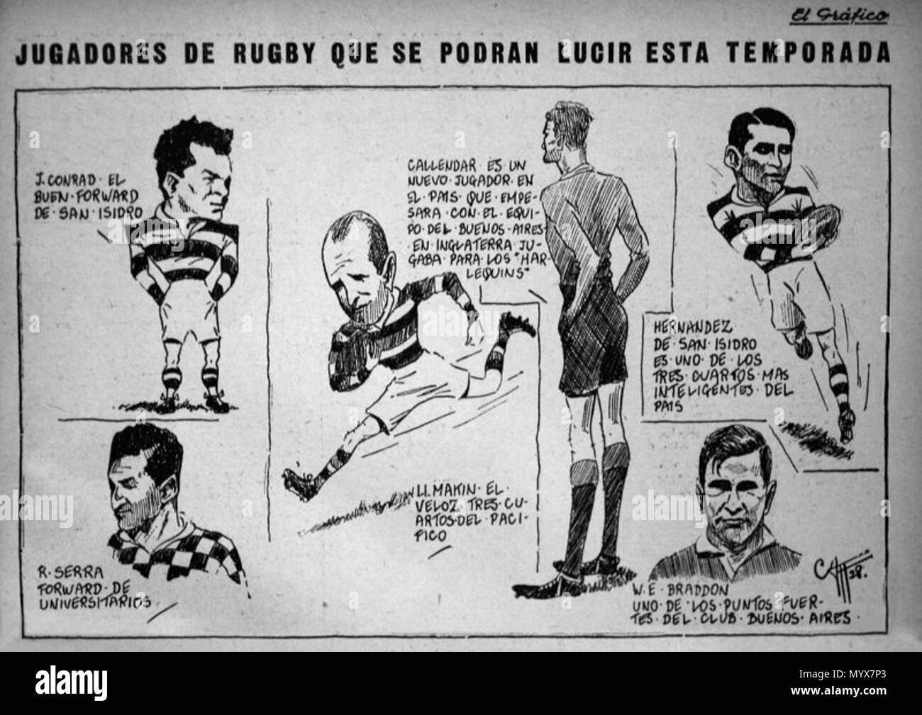 Inglese: Caricatura pubblicato in El Gráfico raffiguranti alcuni rugby  union giocatori al campionato argentino. . 1928. 1 sconosciuto Rugbiers arg  caricatura Foto stock - Alamy