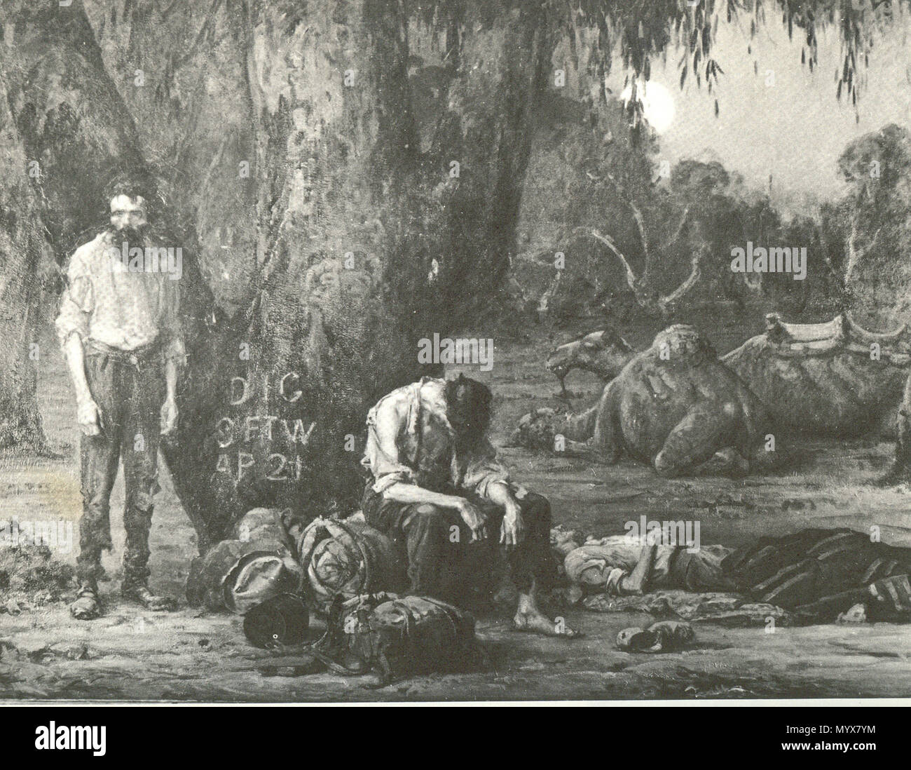 . Arrivo di Burke, testamenti e re presso il camp deserta alla Cooper's Creek, domenica sera, XXI Aprile 1861, National Gallery of Victoria Melbourne. Nota: ispirato dagli eventi della storia Australiana, Longstaff "Arrivo di Burke, testamenti e Re...", illustra i tre uomini australiano tra la boccola ruvido paesaggio. La composizione è equilibrata a causa della diversa disposizione degli uomini e alberi. Mentre il marrone scuro e colori verde aggiungi un elemento della sopravvivenza e del pericolo che gli uomini come essi sono isolati in bushland con poche risorse. Longstaff scegliere per dipingere questo lavoro, per mostrare un aud Foto Stock