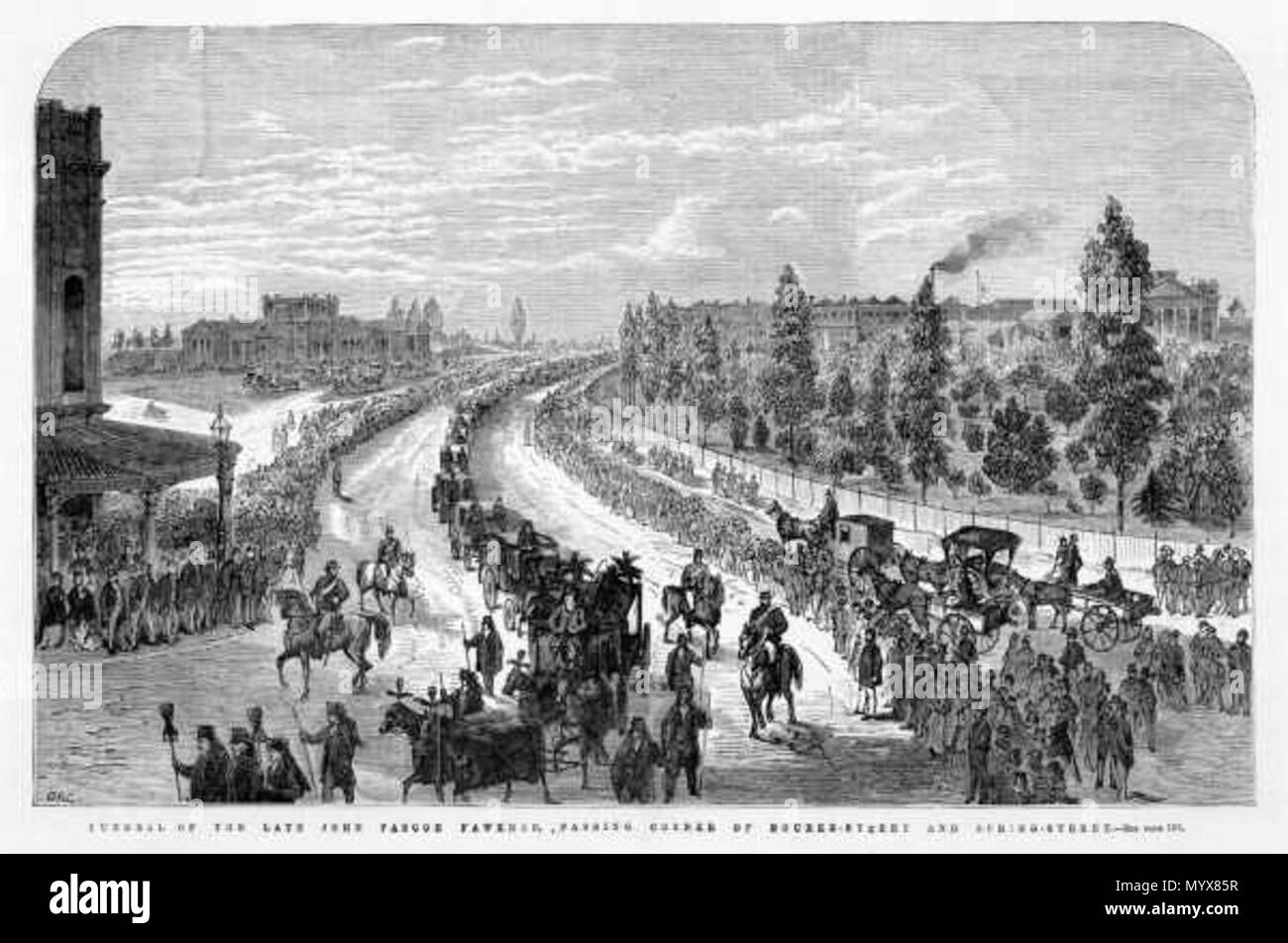 . Inglese: mostra il funebre trainato da quattro cavalli ciascuna coperta con pennacchi nero seguita da tre lutto allenatori e una sfilata di carrozze private; le strade sono rivestiti con le persone. . 11 ottobre 1869. Calvert, Samuele, 1828-1913, incisore. 2 MP001550 Foto Stock