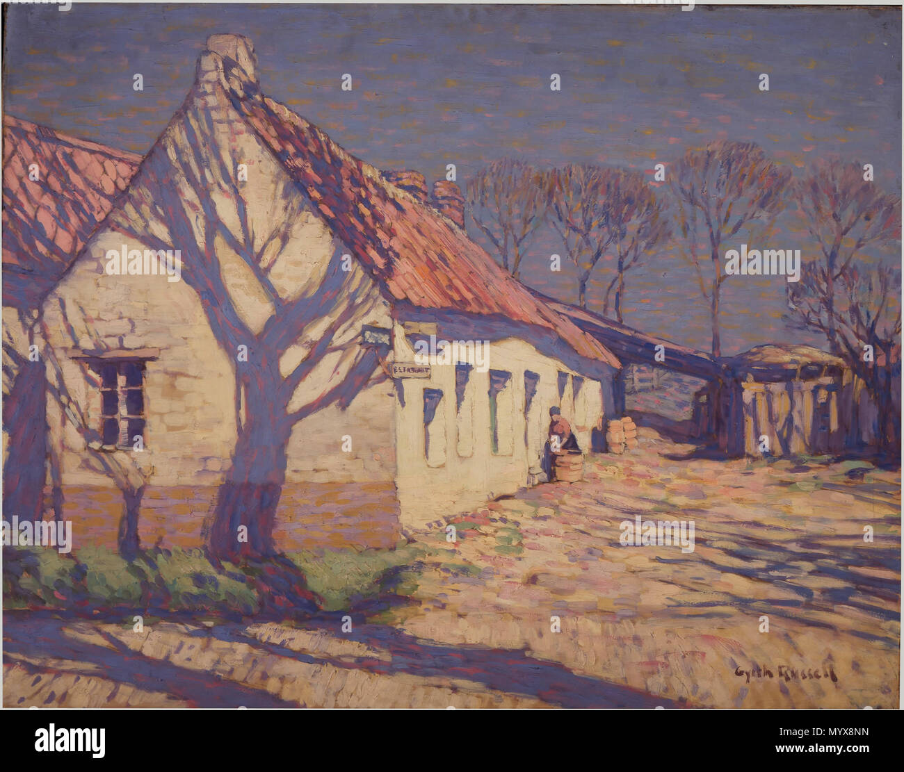 . Inglese: In questo dipinto, artista Gyrth Russell illustra un tipico estaminet in Cambligneuil, Francia, alloggiato in un grande edificio rurale. Molti soldati hanno visitato civile-run estaminets dietro le linee di battaglia in Francia e in Belgio dove hanno potuto trascorrere le loro pagare sulle uova fritte, patatine, tofu birra e "vin blanc " - vino bianco. . Un Estaminet, in Cambligneuil . Febbraio 1918 2 Gyrth Russell - Un Estaminet, in Cambligneuil Foto Stock