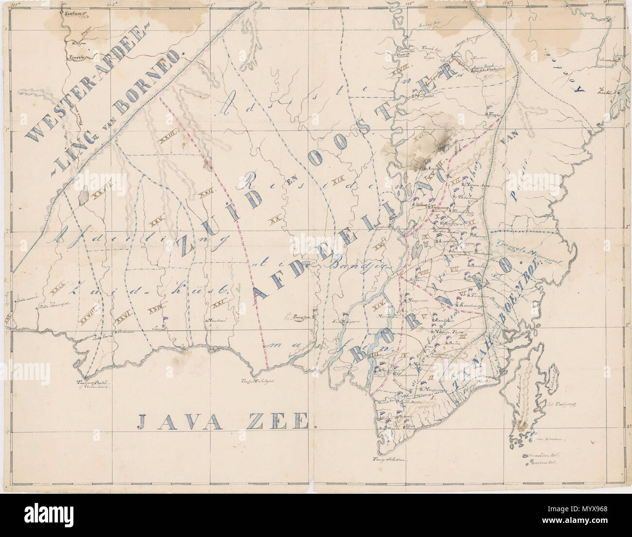 . Peta manuskrip wilayah Banjarmasin, Kalimantan Selatan, Kalimantan, kondisi saat Perang Banjar (1859-63) . Manoscritto mappa della regione di Banjarmasin, Sud Kalimantan, Borneo, raffigurante il teatro e decisiva azione di Banjarmasin Guerra (1859-63) . circa 1862 1 manoscritto mappa della regione di Banjarmasin Foto Stock