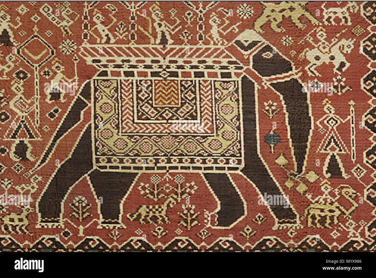 . Inglese: Patola, inizi del XIX secolo (dettaglio): dell India occidentale, Gujarat, Patan tessile; cerimoniale rituale/Arredamento, Resist-seta tinto filo di ordito e di trama (doppia) ikat mostrando ad armatura a tela, metallica avvolta a trama complementare., 43 x 197 1/2 in. (109.22 501.65 x cm) compreso il dono della frangia della sig.ra Harry Lenart (M.87.242), Los Angeles County Museum of Art . Inizio del XIX secolo. 1 sconosciuto Gujarat patola Foto Stock