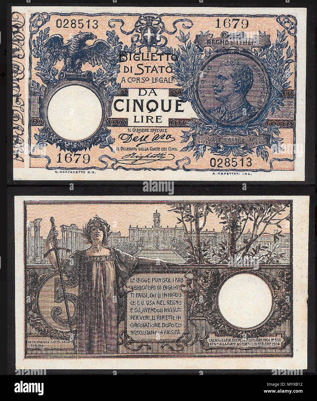 Inglese: 5 lire banconota dal Regno di Italia, 1905 serie. 5 5 lire Italia  banconota 1905 Foto stock - Alamy