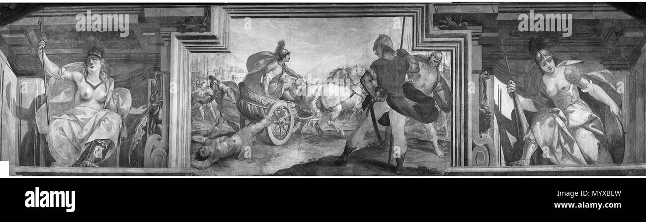 . Italiano: Achille trascina il corpo di Ettore lungo le mura di Troia, ai lati Minerva e una dea guerriera non meglio identificata; parete nord della sala di Palazzo Durini Caproni di Taliedo che ospita il ciclo d'affreschi del Montalto raffigurante le Storie di Achille 7 Achille trascina il corpo di Ettore - G.S. Montalto Foto Stock