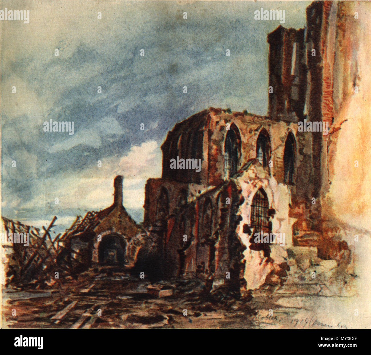 . Deutsch: Aquarell des Frontsoldaten Hitler: Klosterruine in Messines (Dezember 1914) Inglese: acquerello del front-line soldato Adolf Hitler: le rovine di un antico monastero in Mesen (dicembre 1914) . 1914 7 Adolf Hitler - Klosterruine in Messines (Dezember 1914) Foto Stock