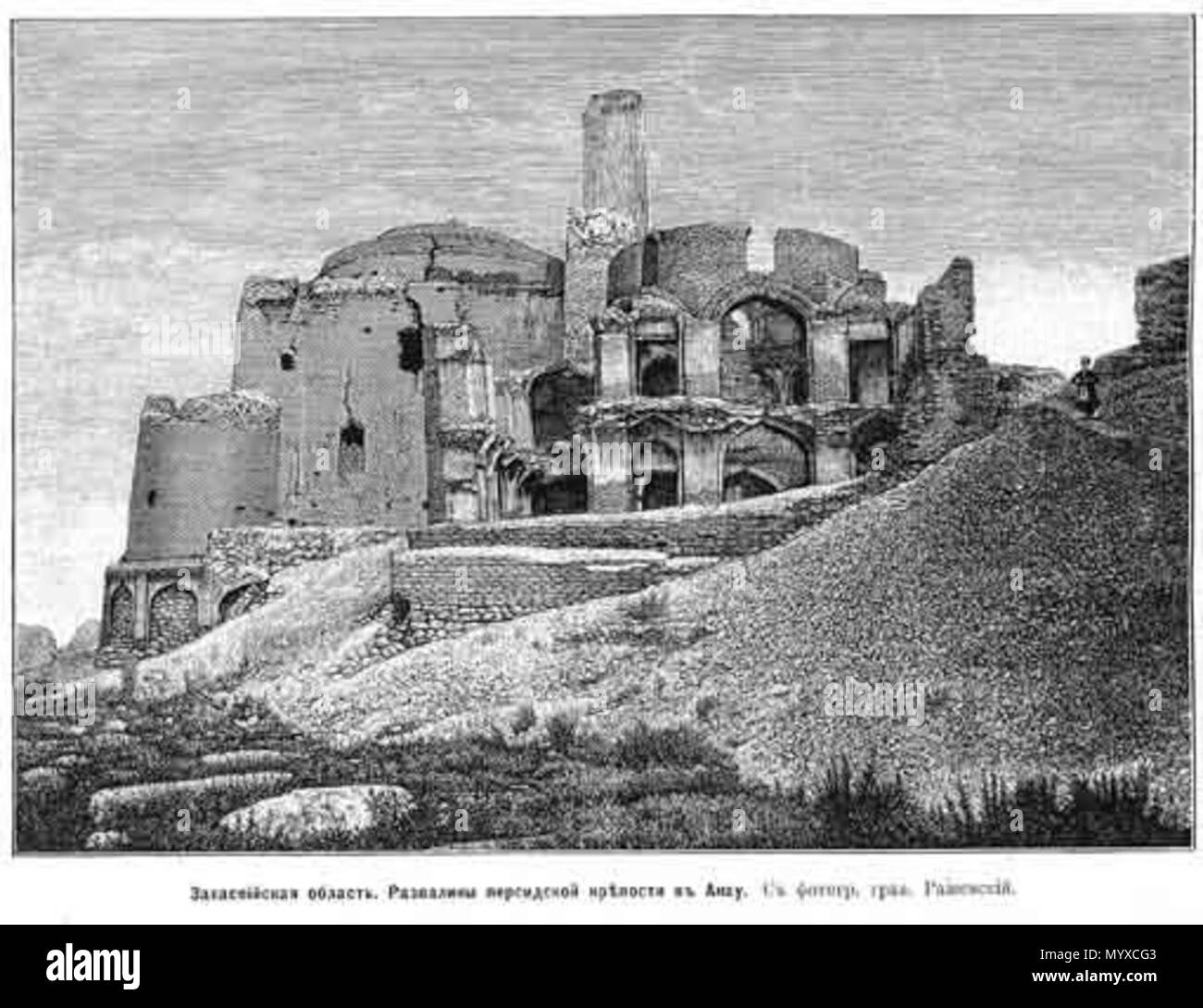 . Inglese: Trans-Caspian regione. Le rovine di una moschea in persiano Anau, Aşgabat Русский: Закаспийская область. Развалины персидской мечети в Анау, бл. Асхабада . prima del 1888. M. Rashevskiy 9 Anau Seyit Moschea Jemaletdin 2 Foto Stock