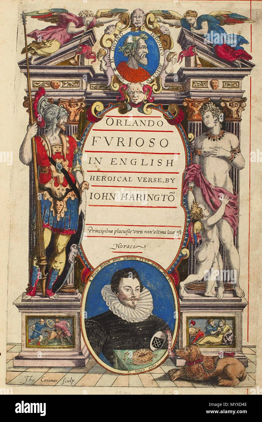 . Inglese: Titolo pagina di Ariosto Orlando Furioso, tradotto da Sir John Harington, incisione da Thomas Cockson . Il 31 gennaio 1591. Thomas Cockson 11 Ariosto Orlando Furioso Harington Pagina Titolo Foto Stock