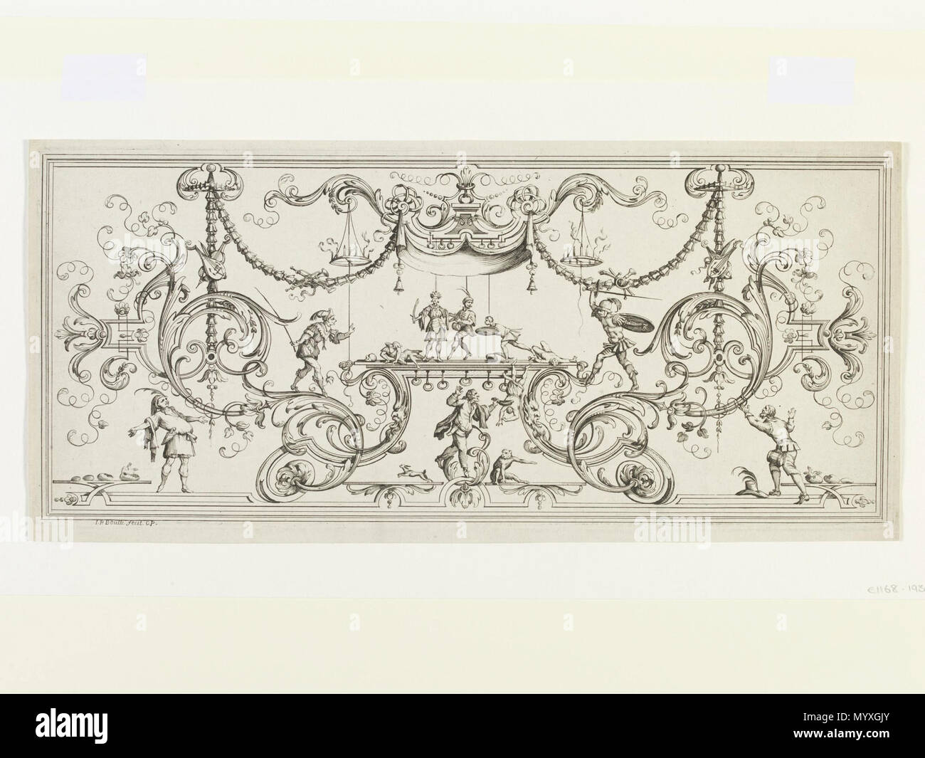 . Inglese: Design per un pannello di intarsio di Jean-Philippe Boulle, figlio di André-Charles Boulle . Il 15 gennaio 1739. Jean-Philippe Boulle (1678-1744). Luogo di origine: Parigi (Pubblicata) Data: c. 1720-1739 (pubblicata) artista/Maker: Boulle, Jean-Philippe (designer) Boulle, Jean-Philippe (Printmaker) Gautrot, Nicolas (Editore) materiali e tecniche: attacco con alcune incisioni linea di credito: data dal Sig. Aubrey J Museo Toppin numero: E.1168-1936 Gallery location: Stampe e Disegni sala studio, livello C, caso 2, scaffale H, casella 6 26 Design per un pannello intarsiato da Boulle, Jean-Philippe attacco con alcuni Foto Stock