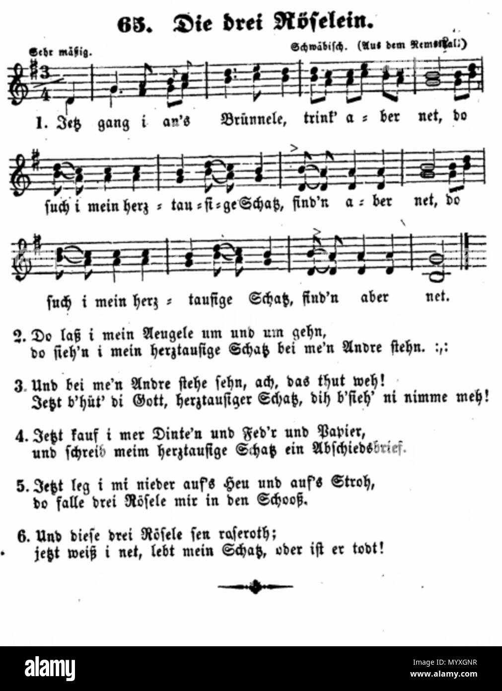 . Inglese: una versione della canzone con la sua melodia, dal song book 'Die deutschen Volkslieder' da L. Erk (1838) 26 Die Drei Roeselein (Die deutschen Volkslieder, Erk, 1838) Foto Stock