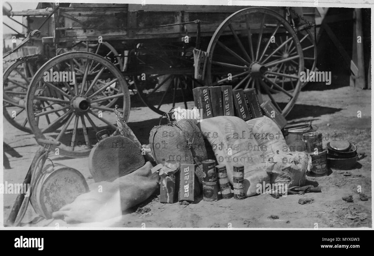 Utensili da cucina, articoli di cibo, due mense e pompa automatica trovata nel carro al momento di apprensione. - Foto Stock