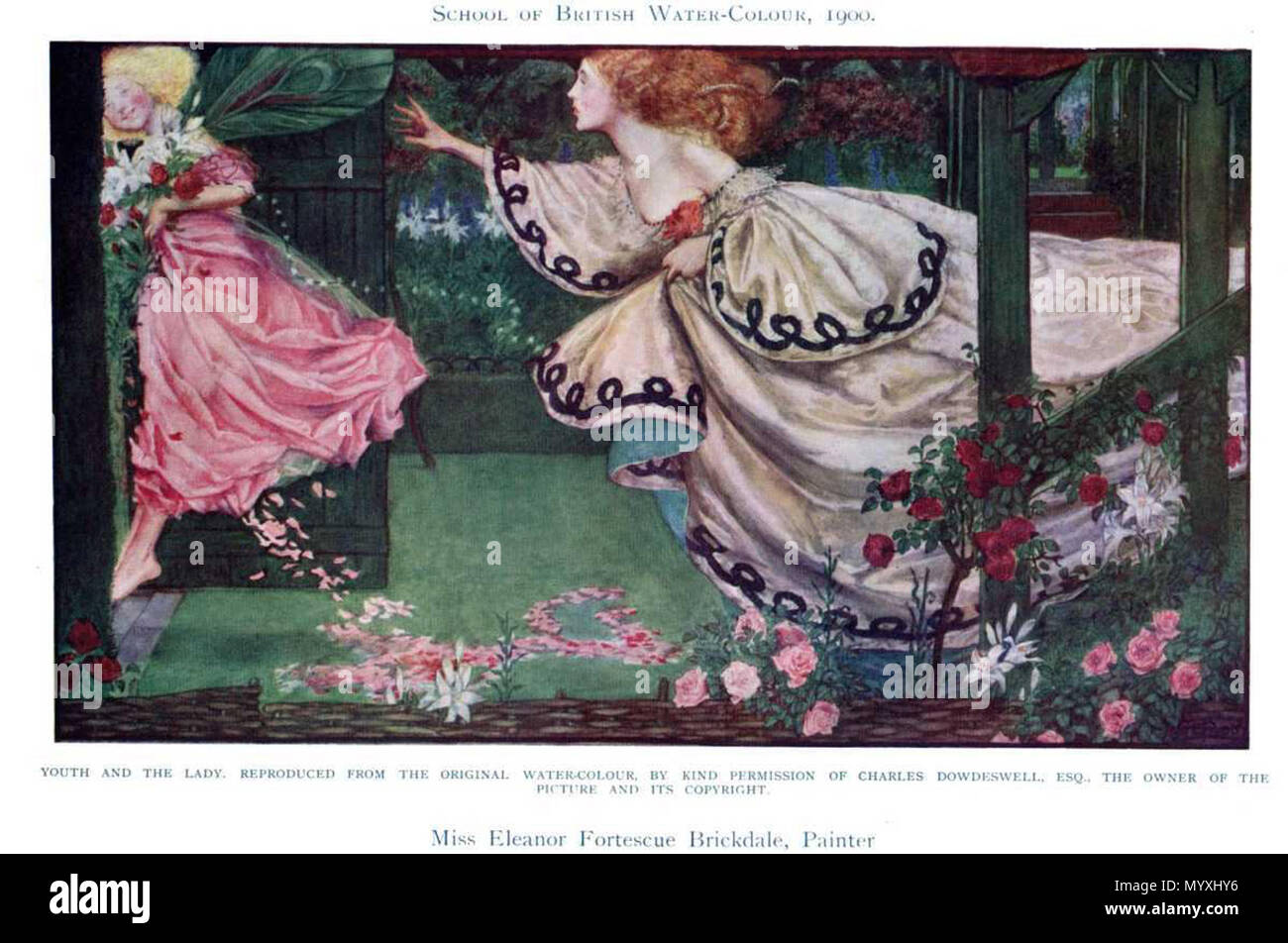 . Inglese: 1905 la stampa dopo la pagina delle donne pittori del mondo, dal tempo di Caterina Vigri, 1413-1463, di Rosa Bonheur e presente il giorno di Walter Shaw Sparrow, l'arte e la vita di biblioteca, Hodder & Stoughton, 27 Paternoster Row, Londra . Inglese: la gioventù e la signora . 1905 29 Eleanor Fortescue-Brickdale - i giovani e la signora Foto Stock