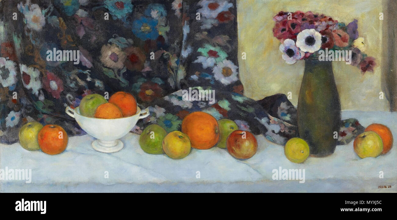 29 Emil Orlik Früchtestillleben mit geblümtem Stoff und vaso 1930 Foto Stock