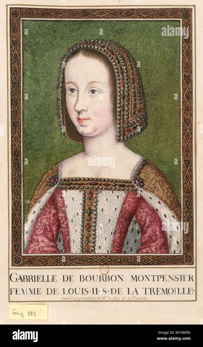 . Français : Portrait de Gabrielle de Bourbon-Montpensier (morte en 1516), Première épouse de Louis II de La Trémoille, à l'âge de 26 ans. Copie (gouache sur parchemin) du 17e siècle de la collection Gaignières d'onu portrait originale de la fin du 15e siècle inglese: Ritratto di Gabrielle de Bourbon-Montpensier (morto nel 1516), la prima moglie di Louis II de la Trémoille, di età compresa tra 26 anni. Del XVII secolo copia (dalla collezione Gaignières) di una quattrocentesca ritratto originale . Il XVII secolo. Ignoto del XVII secolo artista 38 Gabrielle de Bourbon, moglie di Louis II de La Tremoille (copia da Gaignieres) Foto Stock