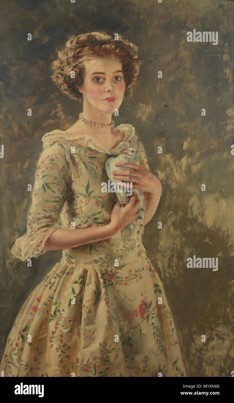 . Inglese: Olio su tavola 122 x 75 cm.(48 x 29 1/2 in) Provenienza: mostrava RA 1924, Liverpool 1924 e Oldham in 1925 Importante: questo lotto è venduto soggette ad artisti dei diritti di rivendita, i cui dettagli possono essere trovati nei nostri Termini e Condizioni.Si prega di notare: il titolo dovrebbe leggere "Ragazza con un uccello'. Essa è stata esposta sotto questo titolo di RA nel 1924, no.398. L'etichetta e annotazioni a matita sul retro sono per mano di Ranken. Se avete bisogno di informazioni dettagliate si prega di contattare la Dreweatts dipartimento delle immagini direttamente. . Prima di 1941. William Bruce Ellis Ranken (1881-1941) 41 Ragazza con un Bi Foto Stock