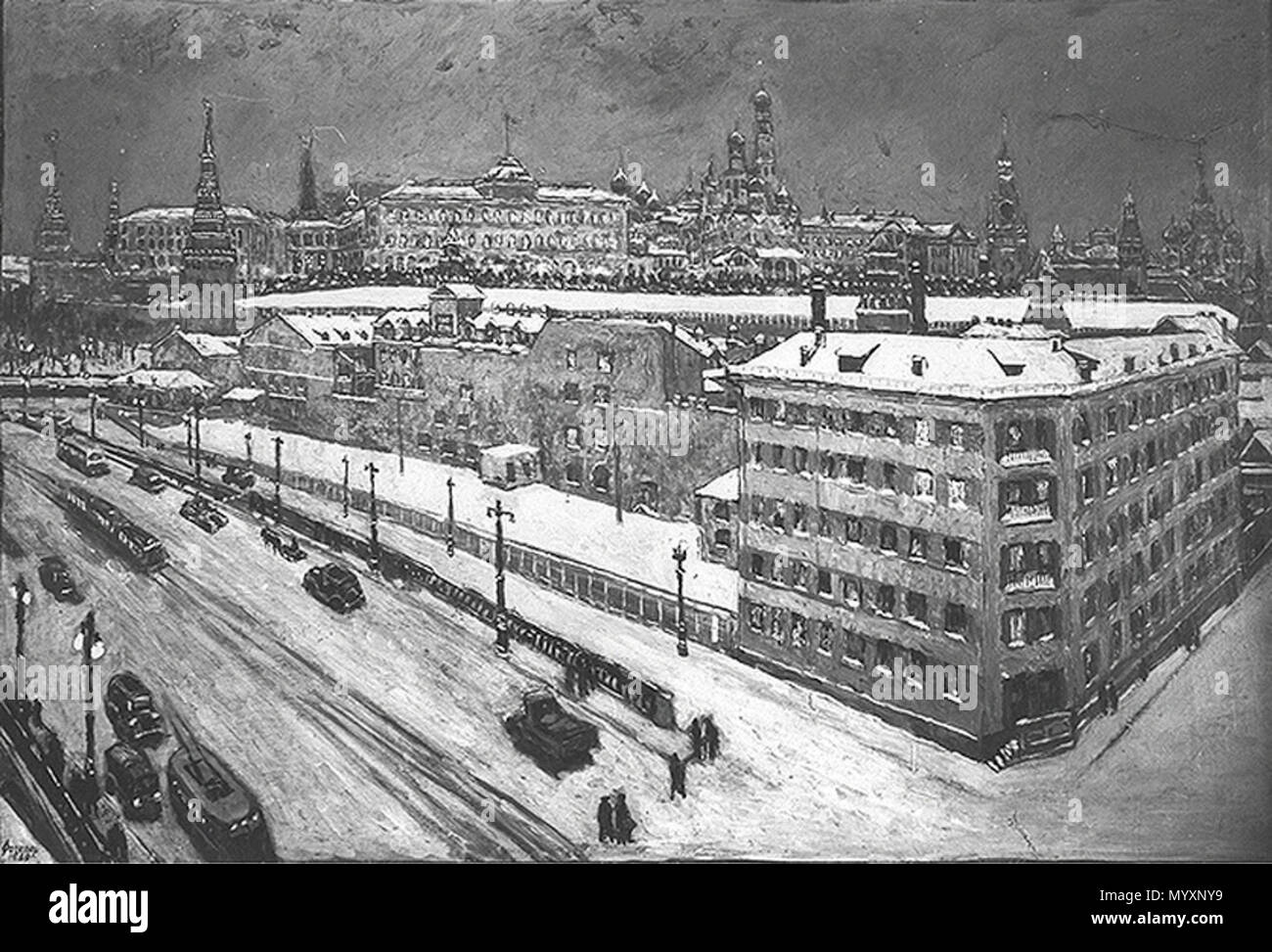 . Moskau Kreml mit / Moskau bei Nacht; Moskau 1939; Berlino, Staatliche Museen zu Berlin - Preußischer Kulturbesitz, Nationalgalerie, inv.-Nr. A III 286 Neue Nationalgalerie nome nativo Neue Nationalgalerie istituzione madre Berlino musei di stato posizione Berlino coordinate 52° 30' 25.17" N, 13° 22' 02.71" E STABILITO 1968 pagina Web www.smb.museum competente controllo : Q32659772 VIAF: 142711389 GND: 5298136-8 . 1939 44 Heinrich Vogeler Moskau bei Nacht Foto Stock