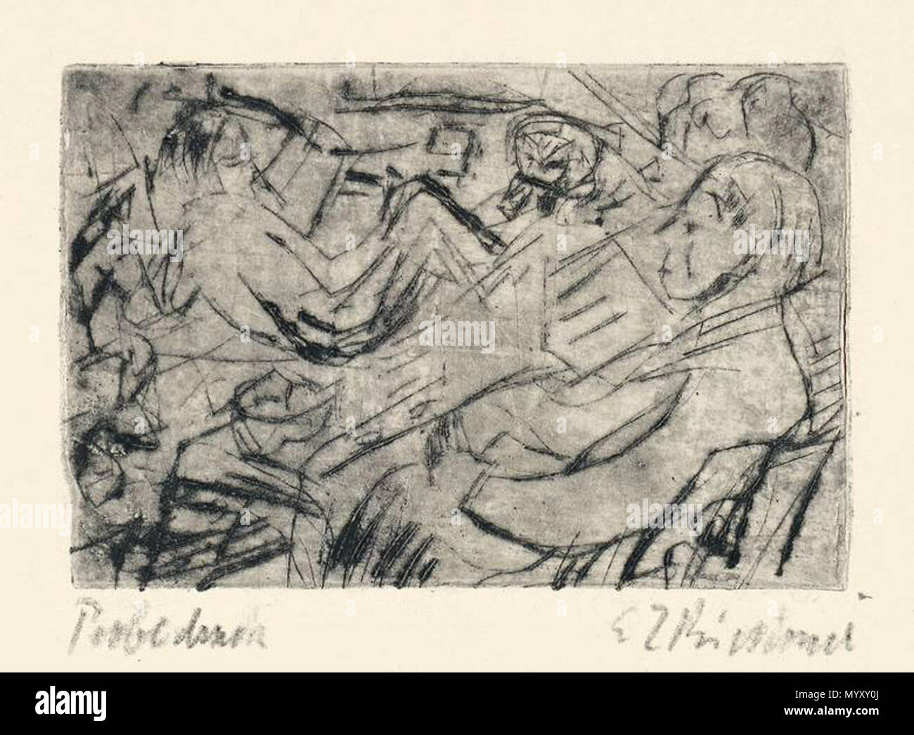 . Unterhaltung im Zimmer. 1921. Kaltnadel auf Giappone. 5 x 7,2 cm (13,8 x 20,8 cm) . 1921. Ernst Ludwig Kirchner (1880-1938) nomi alternativi Louis de Marsalle Descrizione pittore tedesco, disegnatore e incisore e scultore Data di nascita e morte 6 Maggio 1880 15 Giugno 1938 Luogo di nascita e morte di Aschaffenburg Davos Frauenkirch sede di lavoro Dresda (1901-1903), Norimberga (1903), Monaco di Baviera (1903-1904), Dresda (1904-...), Moritzburg, Berlino (1911-1914), Königstein im Taunus (1915), Berlino (1917-1918), Frauenkirch vicino a Davos (1918-1938), Francoforte (1926), Chemnitz (1926), Dresda (1926), B Foto Stock