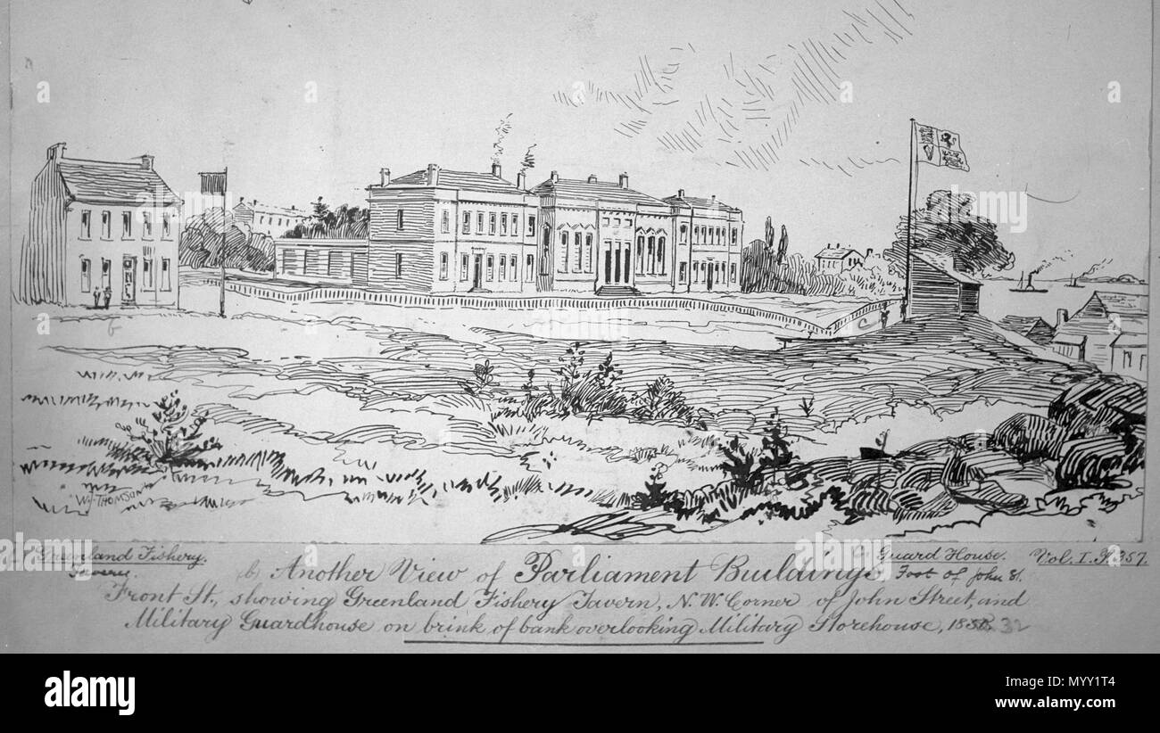 . Inglese: schizzo di edifici del Parlamento del Canada superiore su Front Street, Toronto, Canada. . 1890sketch, raffiguranti gli edifici del Parlamento nel 1841. Thomson, William James (1858-1927) 3 gli edifici del Parlamento europeo, Front Street (Toronto), 1841 Foto Stock