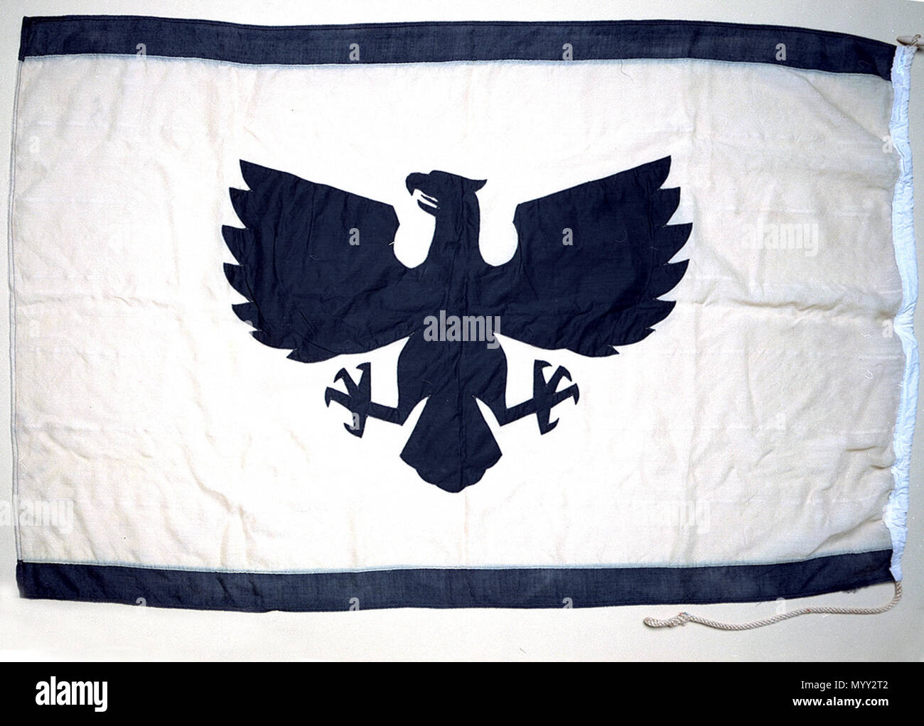 . Inglese: Casa bandiera, olio di Eagle Shipping Co. Ltd la casa bandiera di olio Eagle Shipping Co. Ltd, Londra. Un giallo bandiera rettangolare con una striscia nera attraverso i bordi di sommità e di fondo. Nel centro è un'aquila nera viene visualizzato. La bandiera è di lana bunting con un paranco di cotone. Si tratta di macchina cucito e l'aquila motif è realizzato in cotone. Una corda e alternare è allegata. La compagnia di navigazione è stato impostato per nave olio dal messicano campi olio per l'Europa. Le loro navi erano coinvolti in convogli mercantili durante le due guerre mondiali. Essi erano i proprietari della "Demetrio' reboarded dal suo equipaggio e salvato Foto Stock