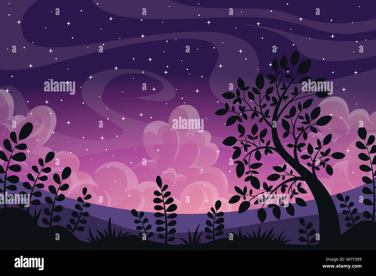 Paesaggio al tramonto con le nuvole, alberi e piante Illustrazione Vettoriale