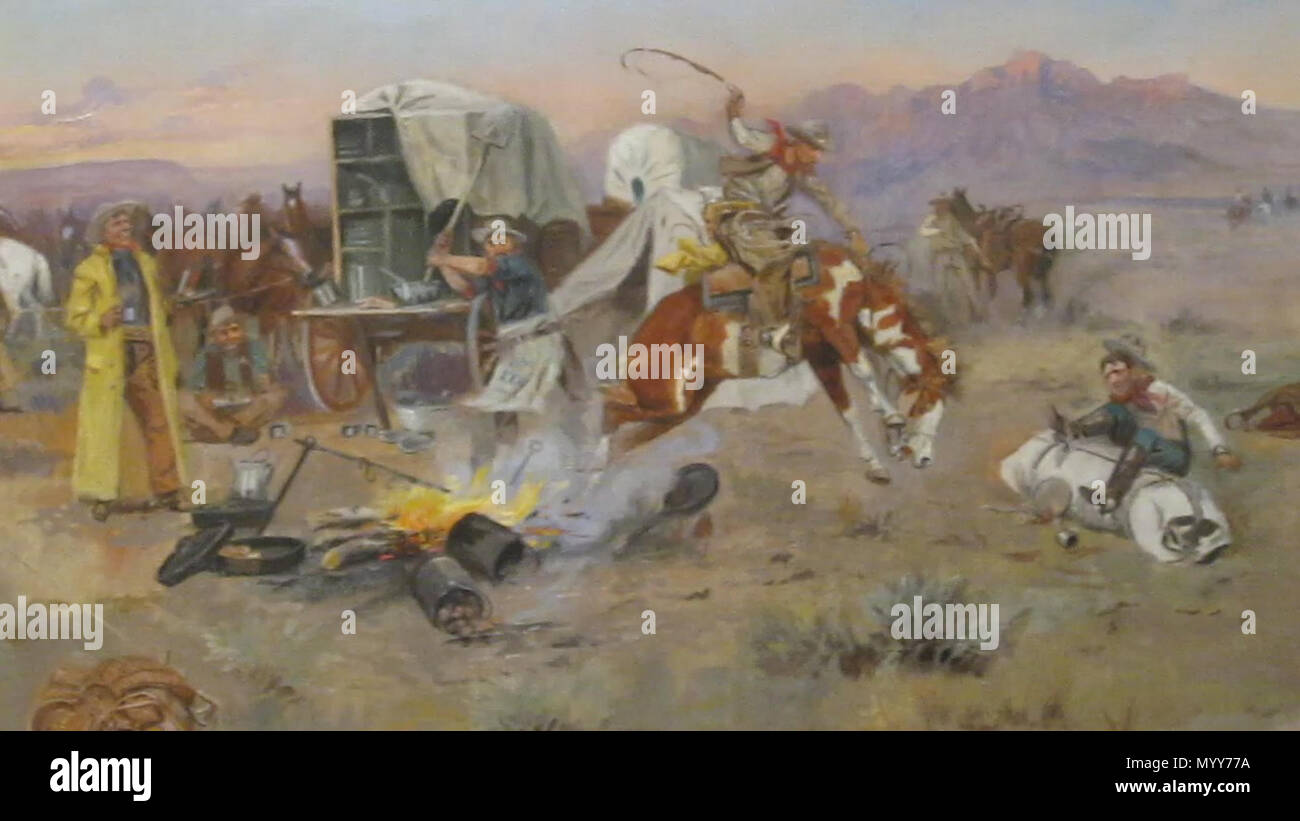 . In Bronc Cow Camp . 1897. Charles Marion Russell (1864-1926) nomi alternativi di Charles M. Russell, C.M. Russell, Charlie Russell, "Kid' Russell Descrizione scultore americano, illustrator, pittore e scrittore Data di nascita e morte 19 Marzo 1864 24 ottobre 1926 Luogo di nascita e morte Oak Hill, St. Louis, Missouri USA Great Falls, Montana, l'autorità USA controllo : Q1065418 VIAF:?ISNI 67266991:?0000 0001 1068 7318 ULAN:?500009086 LCCN:?n79141020 NLA:?36531344 WorldCat 72 MVI 2801 Russel Bronc nel campo di vacca Foto Stock