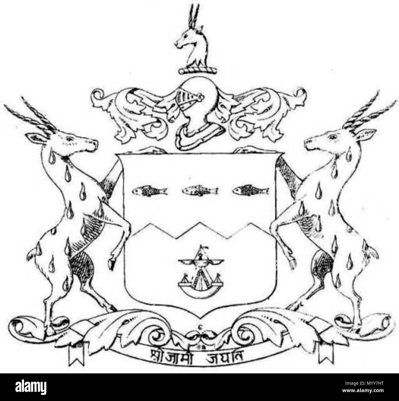 . Inglese: Stemma dello Stato Nawanagar Marmellata di... Armi: parted per fess dancetty Gules e Argent, tre pesci naiant in capo e una cucina in base counterchanged. Cresta: su un casco a Dexter, lambrequined Gules e Argent, un antilope testina di cancellazione vera e propria, ensigned con una mezzaluna. Sostenitori: Due antilopi gutty d'eau. Motto: Sri Jamo Jayati (l'inceppamento del glorioso vince). . 1877. w:en:Nawanagar membro 73 Nawanagar membro CoA Foto Stock