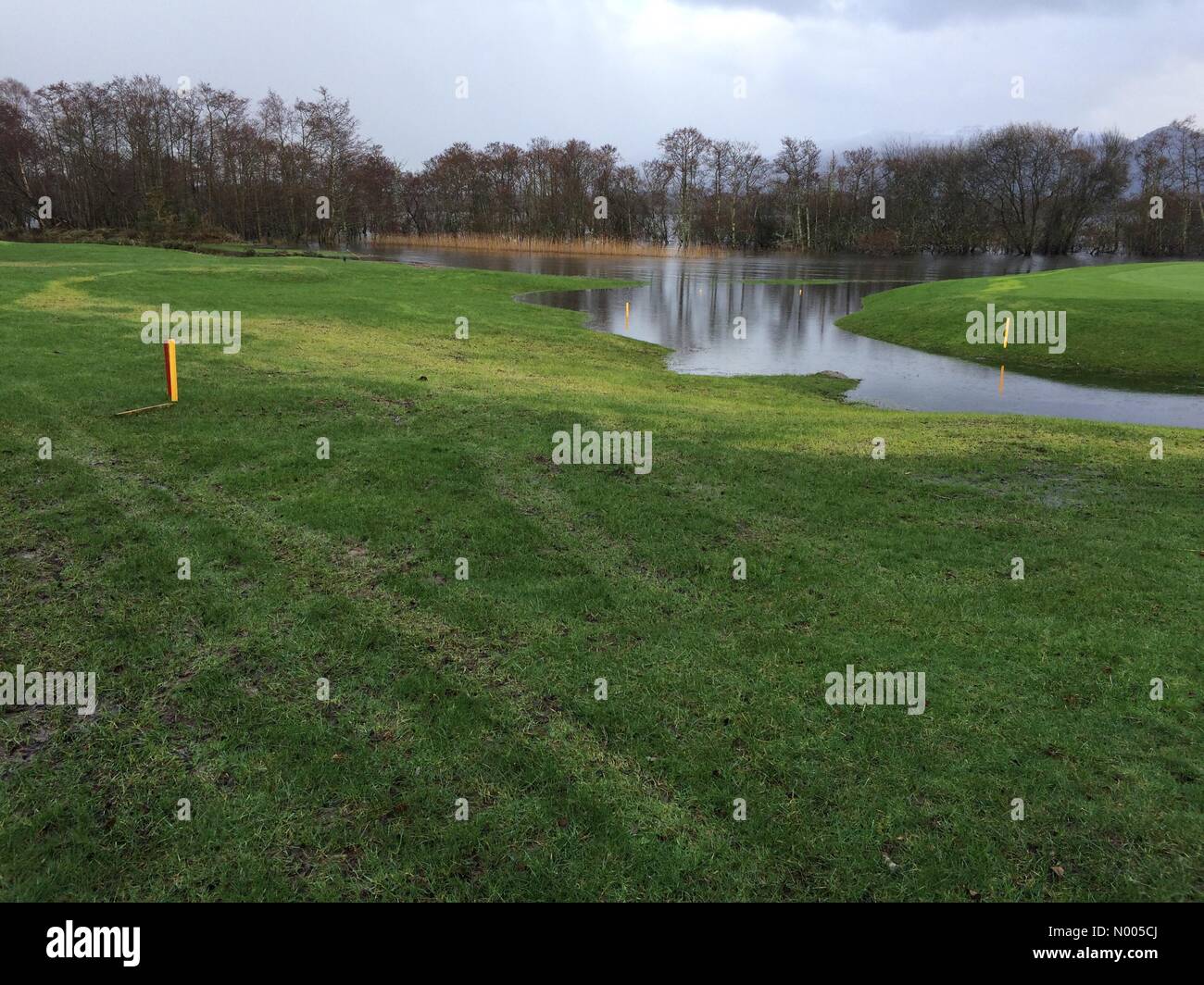 Campo da golf allagato pitch Irlanda a Killarney golf e club di pesca con grandi pozzanghere a causa della pioggia intensa e maltempo a partire dal 2015 a Fossa, Killarney, County Kerry, Irlanda Foto Stock