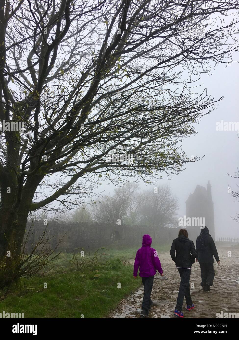 Rivington, Lancashire, Regno Unito. Xiv Apr, 2017. Meteo REGNO UNITO: pioggia e nebbia in Rivington, Lancashire. Tradizionale Venerdì Santo a piedi fino a Rivington Pike vicino a Chorley. La famiglia in cammino verso la torre di piccione sotto Rivington Pike. Credito: Lancashire Immagini / StockimoNews/Alamy Live News Foto Stock