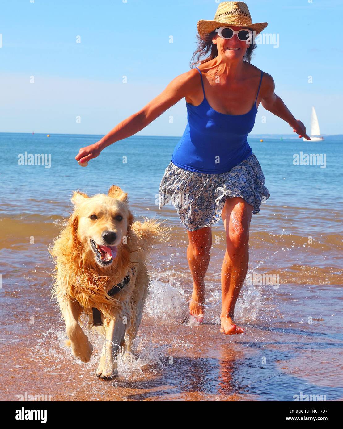 Tempo UK: Divertimento al sole per Raich Keene e Retriever Raphael a Exmouth Beach, Devon, Regno Unito. 14 luglio 2022. Credit nidpor/ Alamy Live News Credit: Nidpor/StockimoNews/Alamy Live News Foto Stock