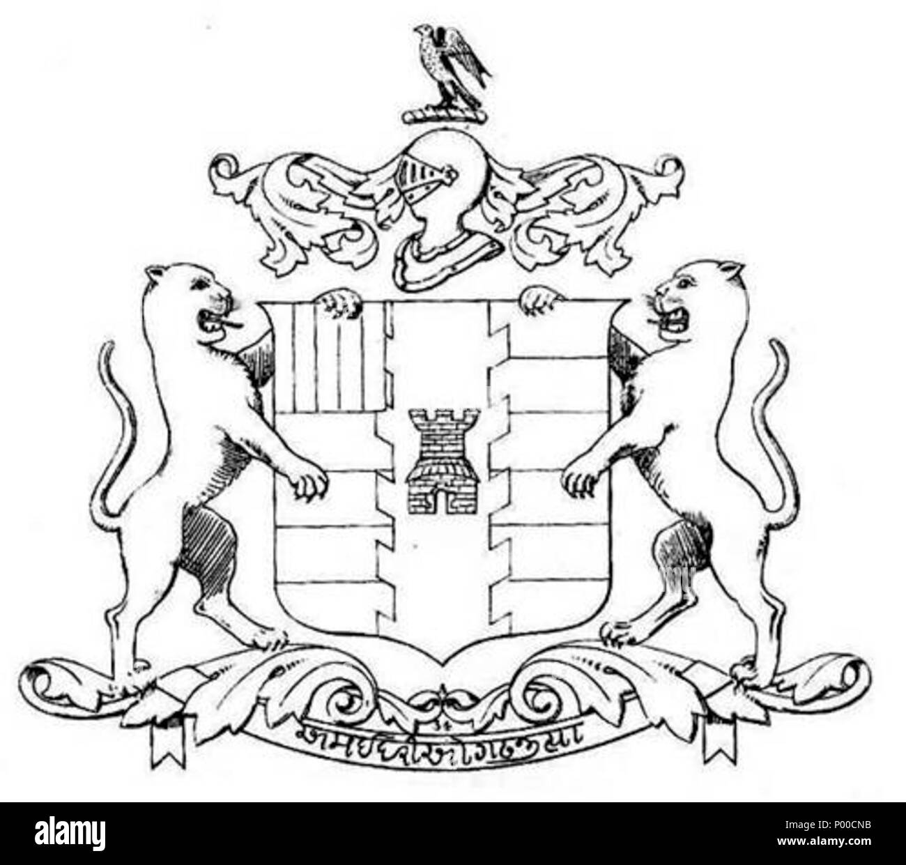 . Inglese: stemma di Idar Maharaja di ... Armi: Barry di sei Gules e Argent, su un pallido raguly Vert, una torre del secondo e un cantone di riproduzione di cinque Tenné, Argent, Gules o e Vert. Cresta: su un casco tot dexter, lambrequined Gules e Argent, un falco rising corretto. Sostenitori: due leopardi Sable. Motto: Ama Idario Gadha Jitya (abbiamo conquistato la fortezza di Idar). (T. 34) . prima di 1947. w:en:Idar membro 50 Idar CoA inizio Foto Stock
