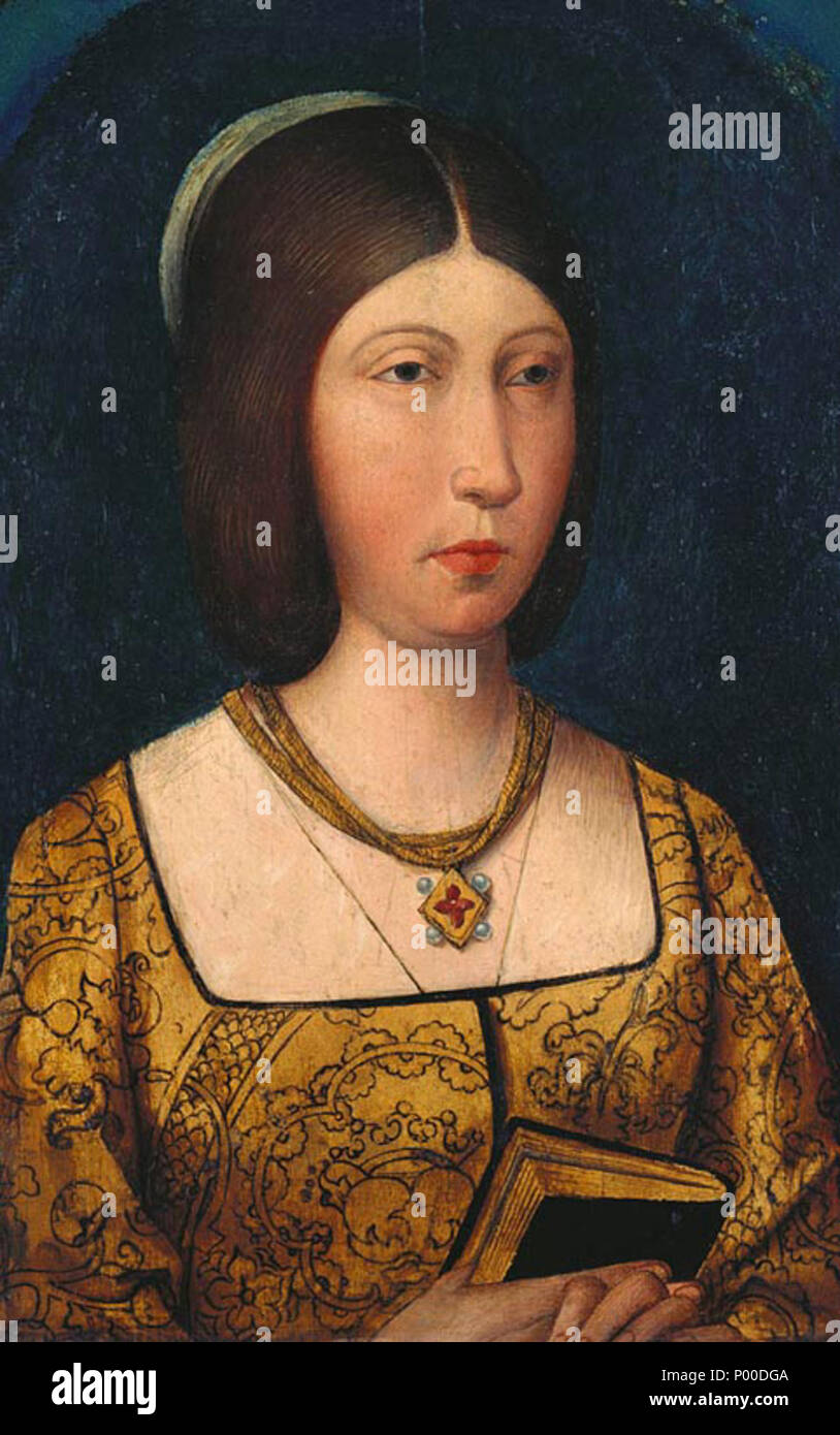 . Inglese: Isabella indossa un sontuosamente ricamato abito in oro bianco, cranio-PAC e a doppio filamento collana in oro con rubino e perla pendente . Isabella I di Spagna (1451-1504) . tra circa 1470 e circa 1520 364 Reinaisabeldecastilla Foto Stock