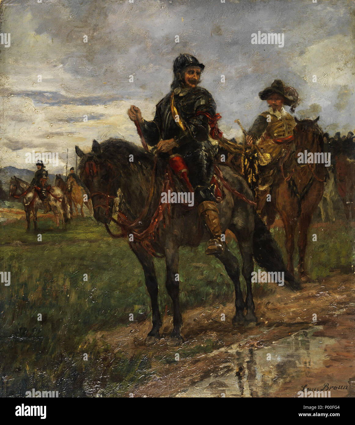 . Geharnischte Reiter in Kostümen des 17. Jahrhunderts. Öl auf Karton. 50 x 44,5 cm. . Dal 1916. Louis Braun (1836-1916) 64 Louis Braun Geharnischte Reiter Foto Stock