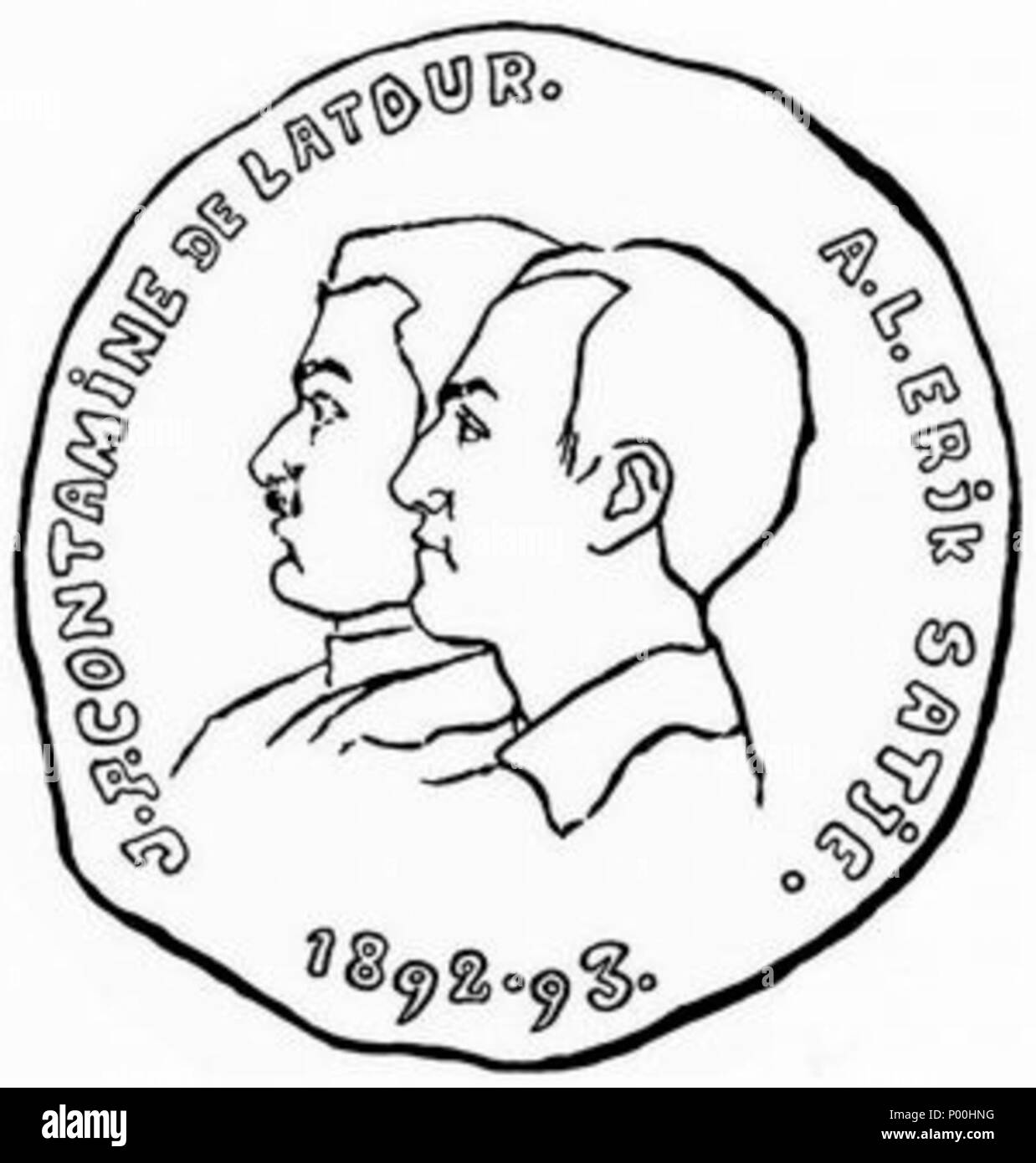. Inglese: Erik Satie & Contamine de Latur - medalion (Susanne Valadon) pour ballet d'Erik Sarie - USPUDE Русский: Медальон с профилем Эрика Сати и Контамина де Латур, помещённый на обложке первого издания балета Эрика Сати 'Успуд' . Tra il 1892 e il 1893. Suzanne Valadon (1865-1938) nomi alternativi Marie-Clémentine Valade, Maria Valadon Descrizione pittore francese e madre modello di Maurice Utrillo Data di nascita e morte 23 Settembre 1865 7 aprile 1938 Luogo di nascita e morte Bessines sur Gartempe, Francia Parigi periodo di lavoro inizio del 1890 - 1938 Sede di lavoro autorità di Parigi il controllo Foto Stock