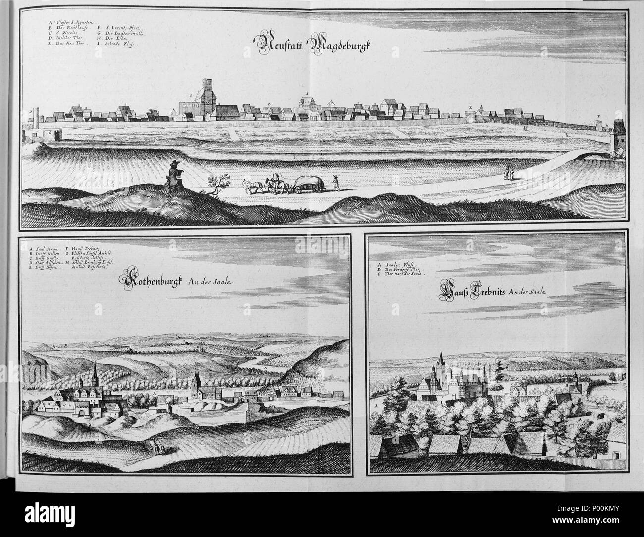 . Deutsch: Oben: Magdeburgo, Sachsen-Anhalt, Deutschland. Links Unten: Rothenburg (Saale), Ortsteil von Wettin-Löbejün, Sachsen-Anhalt, Deutschland. Unten rechts: Trebnitz, Ortsteil von Könnern, Sachsen-Anhalt, Deutschland inglese: Top: Magdeburgo, Sassonia-Anhalt, Germania. In basso a sinistra: Rothenburg (Saale), un quartiere di Wettin-Löbejün, Sassonia-Anhalt, Germania. In basso a destra: Trebnitz, un quartiere di Könnern, Sassonia-Anhalt, Germania . prima di 1653 20 Saxoniae Inferioris (Merian) B 024 Foto Stock