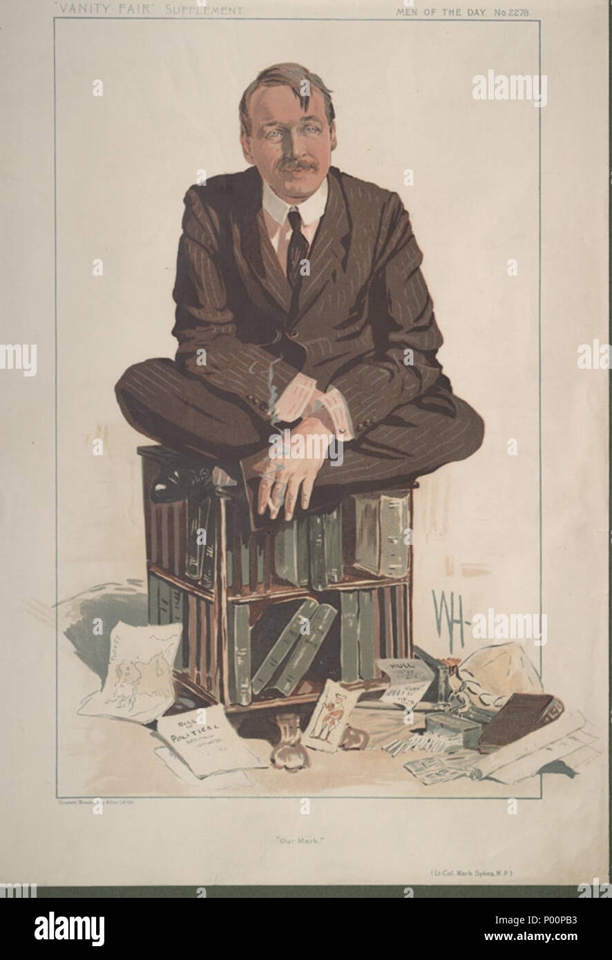 . Inglese: Vanity Fair uomini del giorno No.2278: Caricatura di Lt-Col Mark Sykes JP FRGS MP. La didascalia recita: 'Il Nostro Marchio' . Il 26 giugno 1912. "WH' (Wallace Hester, 1866-1923?) 96 Mark Sykes, Vanity Fair, 1912-06-26 Foto Stock