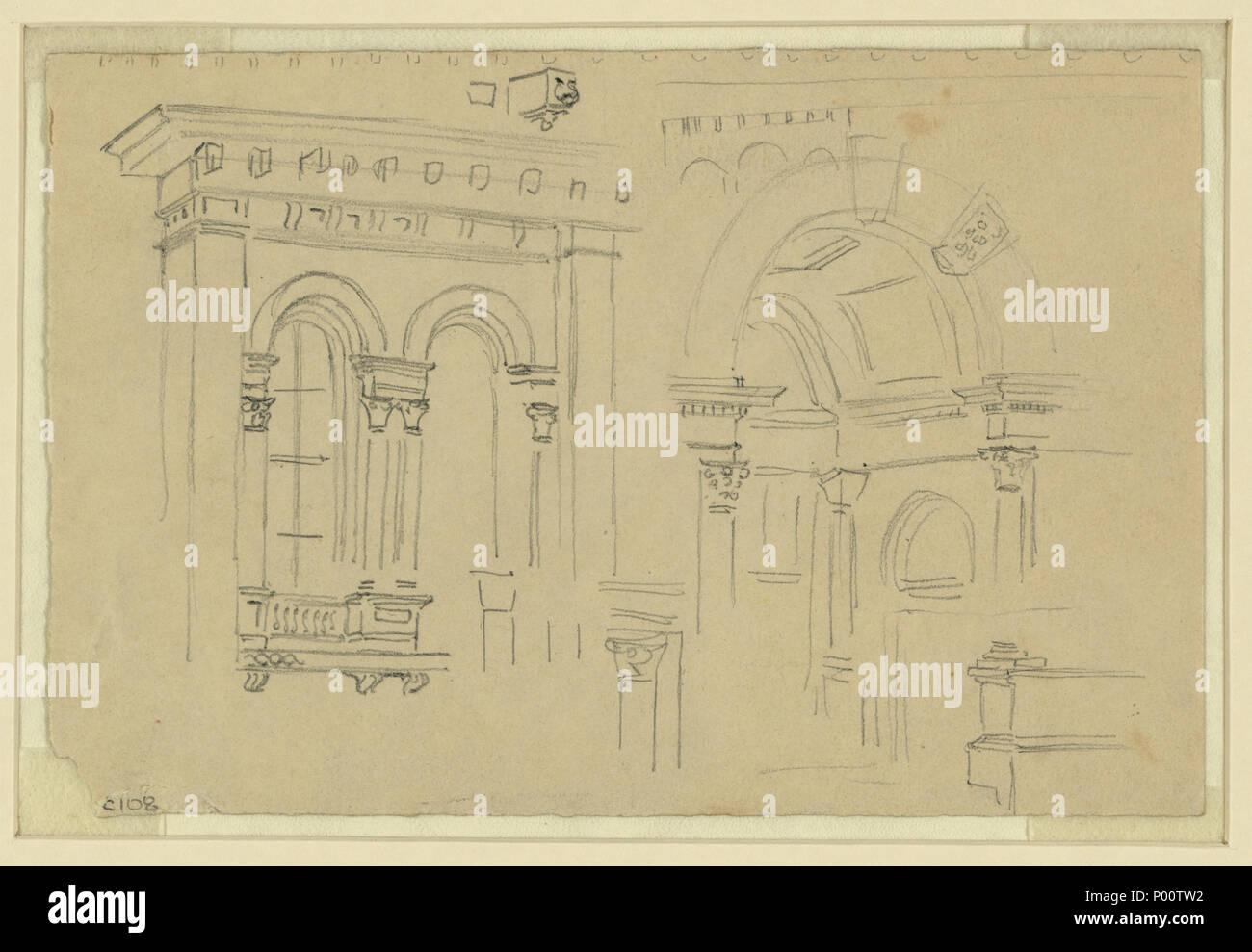 . Inglese: Titolo: dettagli architettonici Abstract/medio: 1 disegno su carta marrone chiaro : matita ; 9.2 x 13.8 cm. (Foglio). . 1860. Waud Alfred R. (Alfred Rudolph), 1828-1891, artista 374 dettagli architettonici LCCN2004661163 Foto Stock