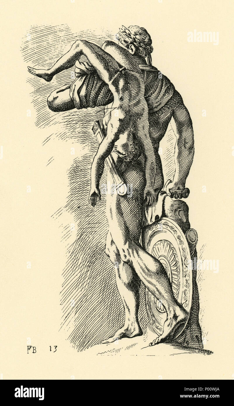 . Immagine incisa di epoca imperiale romana (II secolo D.C.) statua in marmo Gruppo di guerriero con fanciullo nel Museo Archeologico Nazionale di Napoli (inv.5999); è lì descritto come 'Neottolemo con il cadavere di Astianatte o, più probabilmente, Achille con il corpo di Troilo' (altre fonti riferiscono di esso come 'Hector e Troiolo'); l'artista monogram 'FPB' ('François Perrier Bourguignon") è a sinistra in basso della incisione, seguita dal numero "13". . Guerriero e Bambino . circa 1630 81 Perrier guerriero e incisione bambino 1 Foto Stock
