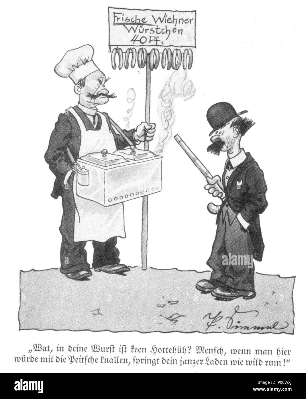 . Deutsch: Karikatur zu Würstchen, die nicht deklariertes Pferdefleisch enthalten . circa 1930. Paul Simmel 82 Pferdefleisch-in-wiener-wuerstchen-von-paul-simmel Foto Stock