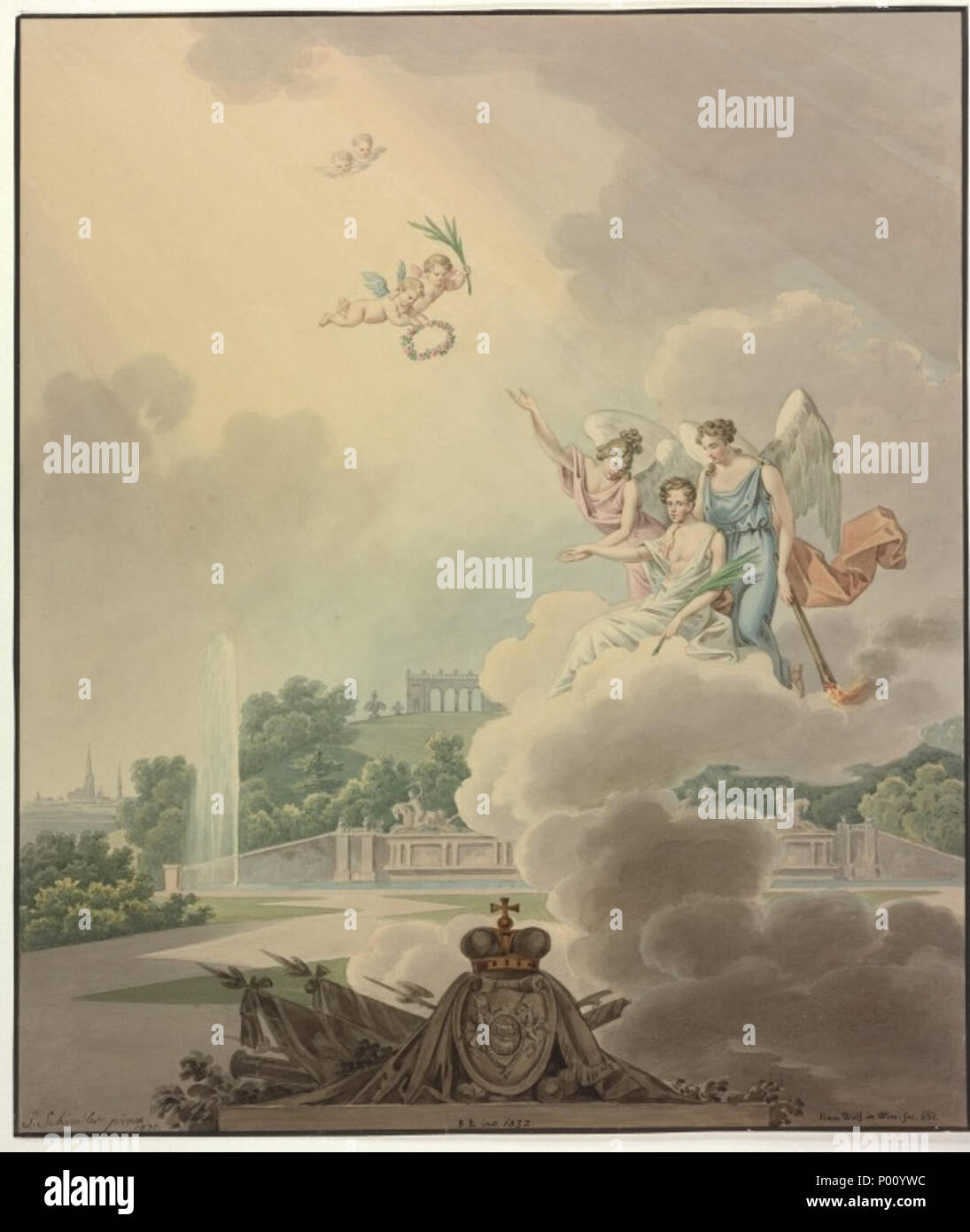 . Deutsch: Napoleone Franz Joseph Karl Bonaparte, Herzog von Reichstadt, der Sohn Napeoleons und Marie Luise, verstarb am 22. Juni 1832 im Schˆnbrunn Schlofl. Zwei Genien geleiten den Verstorbenen zum Himmel, im Hintergrund der Park von Schlofl Schˆnbrunn und eine Ansicht der Stadt Wien. Im Vordergrund das Wappen des Herzogs. Aquarell auf Papier von Franz Wolf, nach Gem‰lde von Johann Josef Schindler, signiert und datiert 1832. . 1 agosto 1832. Johann Josef Schindler (1777-1836) nomi alternativi Johann Joseph Schindler, Johann Schindler Descrizione pittore austriaco, artista grafico e li Foto Stock
