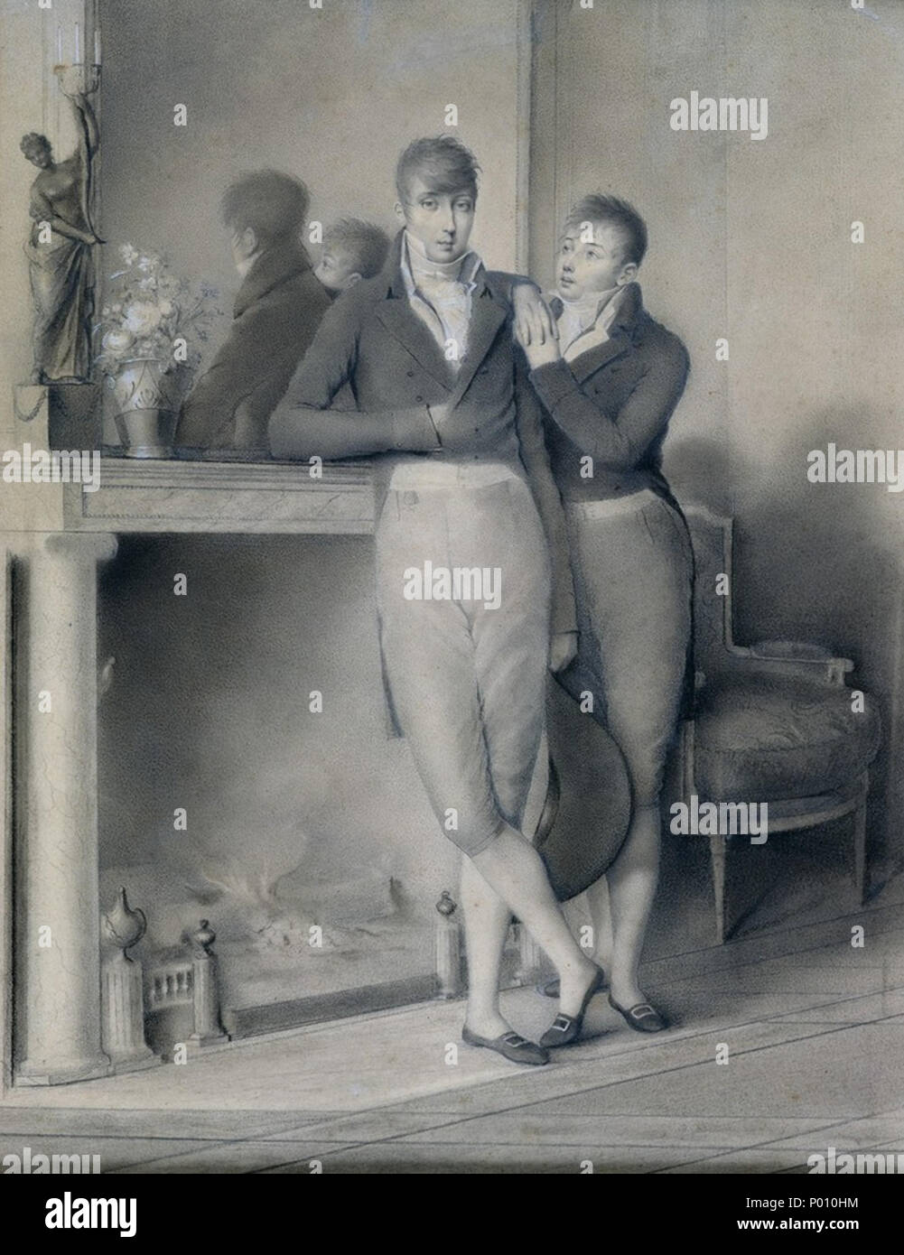 . Inglese: due giovani uomini, da Jean-Baptiste Jacques Augustin. Immagine trovata (p. 17) nel libro La longue marche des gays ("la lunga marcia degli omosessuali') da Frédéric Martel, raccolta 'Découvertes Gallimard' (№ 417). Français : Jean-Baptiste Augustin (1759-1832), Deux jeunes hommes, Musée Marmottan di Parigi. - Immagine trouvée (p. 17) dans le livre La longue marche des gays de Frédéric Martel, raccolta " Découvertes Gallimard / Cultura et société " (n. 417), descrizione à la page 122. Éditions Gallimard, 2002. . Prima di 1832. Jean-Baptiste Jacques Augustin (1759-1832) nomi alternativi Jacques Au Foto Stock