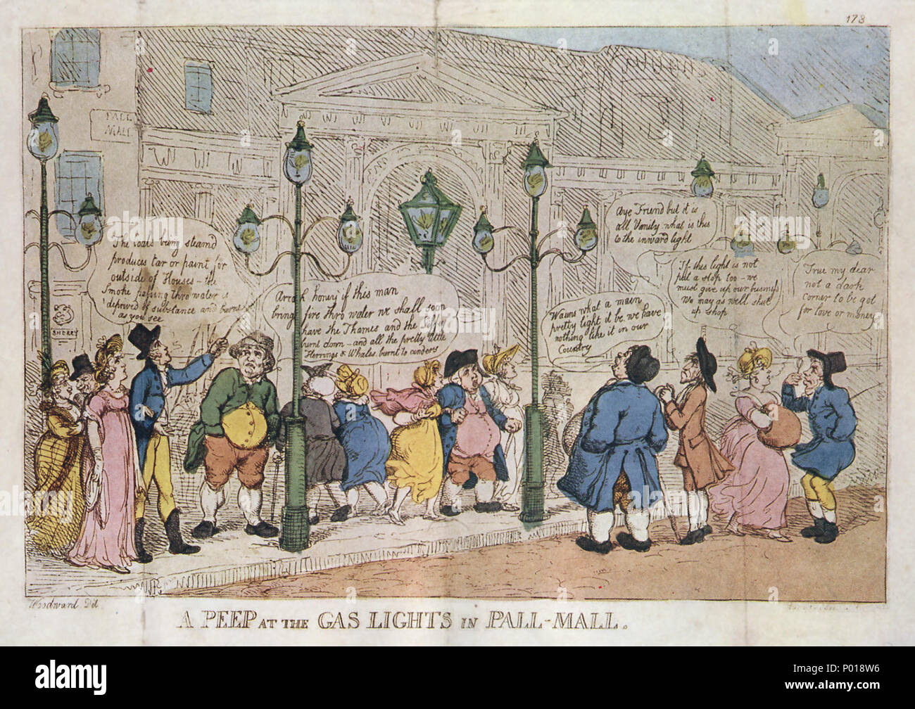 . 'A Peep al Gas-luci in Pall Mall', una divertente caricatura di reazioni per l'installazione della nuova invenzione di gas-burning illuminazione stradale su Pall-Mall, Londra. Il dialogo in caricatura: Ben informato gentleman 'braci essendo il vapore'd produce tar o la vernice per la parte esterna del case -- il fumo passando per montaggio passante acqua è priva di sostanza e di ustioni come potete vedere." irlandese 'Arragh miele, se questo uomo portare il fuoco acqua passante presto avremo il Tamigi e il Liffey bruciata -- e tutto il grazioso e piccolo aringhe e balene ridotto in cenere.' bumpkin rustico 'Wauns, ciò che un principale piuttosto li Foto Stock