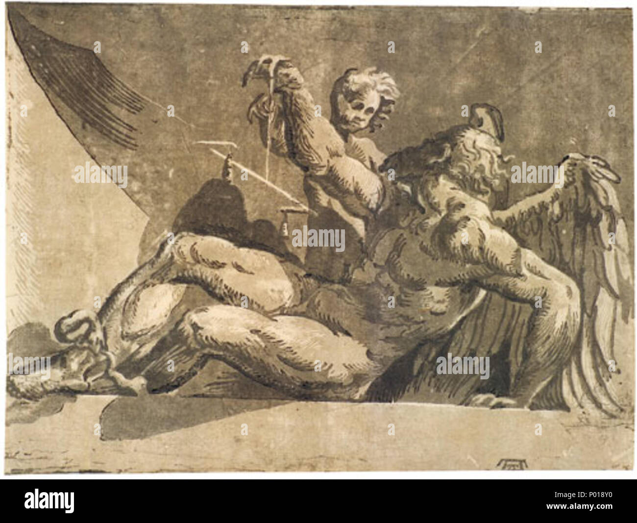 . Deutsch: Saturno. Clair-obscur-Holzschnitt von vier Stöcken in Schwarz und verschiedenen Grautönen. 31,2 x 42,4 cm. Bartsch XII, 125, 27 II. Mit dem Verlegermonogramm Andreanis. Prachtvoller Druck auf Bütten feinem ohne Wasserzeichen, oben und links mit der vollen Darstellung, unten um ca 10 mm, rechts um ca 15 mm beschnitten. Vereinzelte Quetschfalten vom Druck am oberen Rand, sonst sehr schönes esemplare. Inglese: Saturno. Incisione a legno in chiaroscuro da quattro bastoni in bianco e nero e le diverse tonalità di grigio . 31,2 x 42,4 cm . Bartsch XII , 125 , 27 II . Da Publisher Monogram Andreani . Stampa glorioso Foto Stock