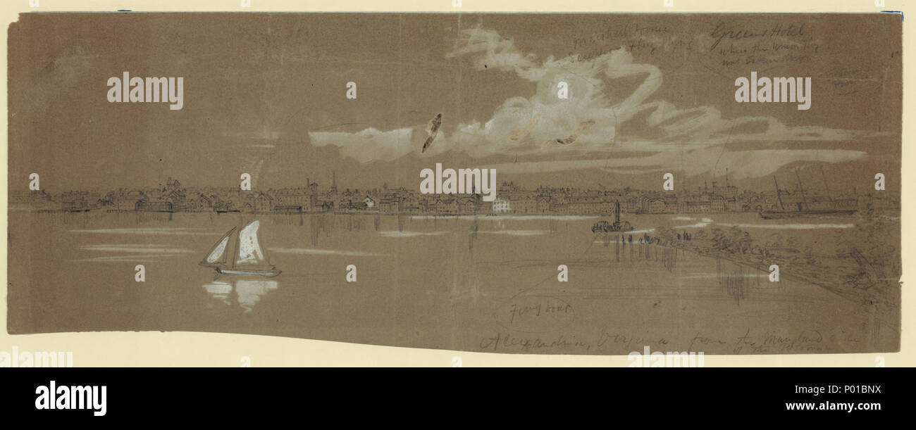 . Inglese: Titolo: Alexandria, Virginia dal Maryland lato del Potomac Abstract/medio: 1 disegno su carta di oliva : matita e cinese bianco ; 14,7 x 38,4 cm. (Foglio). . 1861. Waud Alfred R. (Alfred Rudolph), 1828-1891, artista 278 Alexandria, Virginia dal Maryland lato del Potomac LCCN2004660788 Foto Stock