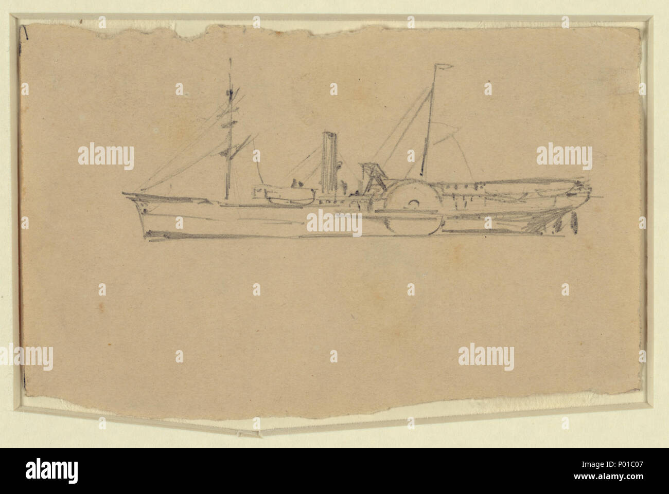 . Inglese: Titolo: un piroscafo Abstract/medio: 1 disegno sul bianco-rosa carta : matita ; 7.8 x 12.3 cm. (Foglio). . 1860. Waud Alfred R. (Alfred Rudolph), 1828-1891, artista 210 un piroscafo LCCN2004660255 Foto Stock