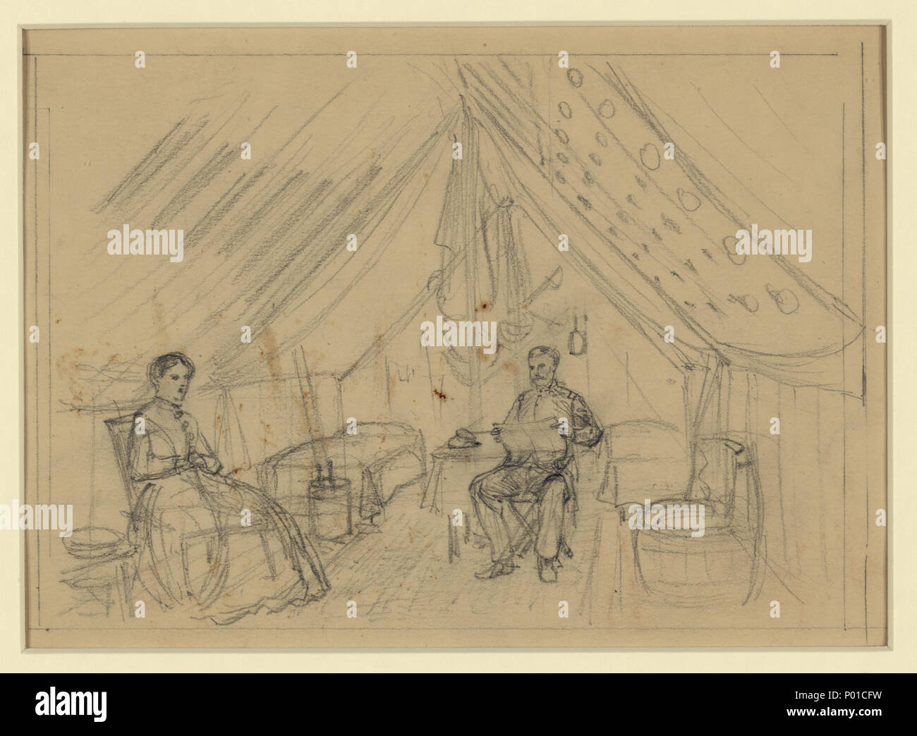 . Inglese: Titolo: Un ufficiale e una donna seduta in una tenda Abstract/medio: 1 disegno su carta crema : matita ; 25.9 x 17.7 cm. (Foglio) . 1860. Waud Alfred R. (Alfred Rudolph), 1828-1891, artista 352 un ufficiale e una donna seduta in una tenda LCCN2004660912 Foto Stock