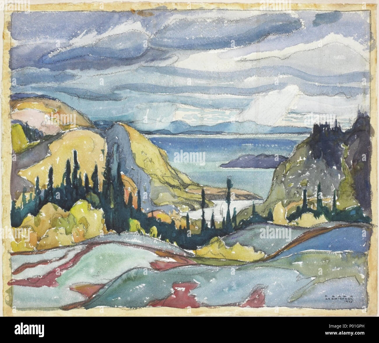 . Inglese: Franklin Carmichael, Untitled (pini, Lago Superior), 1925, acquerello su Grafite su carta intessuta dimensioni, 27 x 32,5 cm dalla vista . 1925. Franklin Carmichael 1 Franklin Carmichael - Untitled (pini, Lago Superior) 1925 Foto Stock