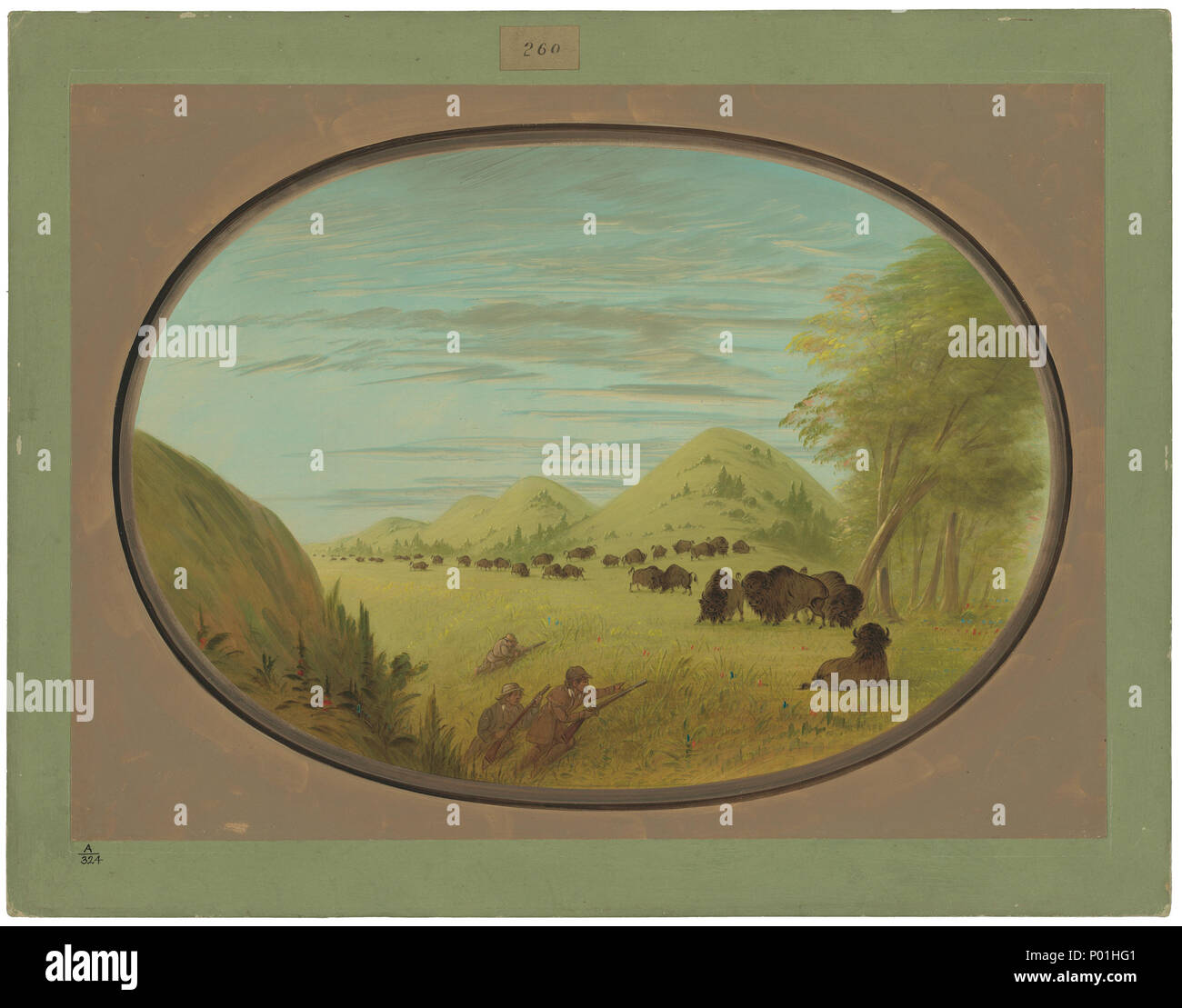 George Catlin, Catlin e due compagni di tiro, bufalo americano, 1796 - 1872, 1861/1869, olio su carta montato su cartone, Paul Mellon Collezione 7 Catlin e due compagni di Buffalo di ripresa C15908 Foto Stock