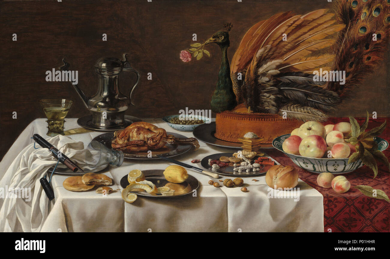 Pittura; olio su pannello; complessivo: 77,5 × 128,9 cm (30 1/2 × 50 3/4 in.); 7 CLAESZ ancora in vita con una torta di pavone Foto Stock