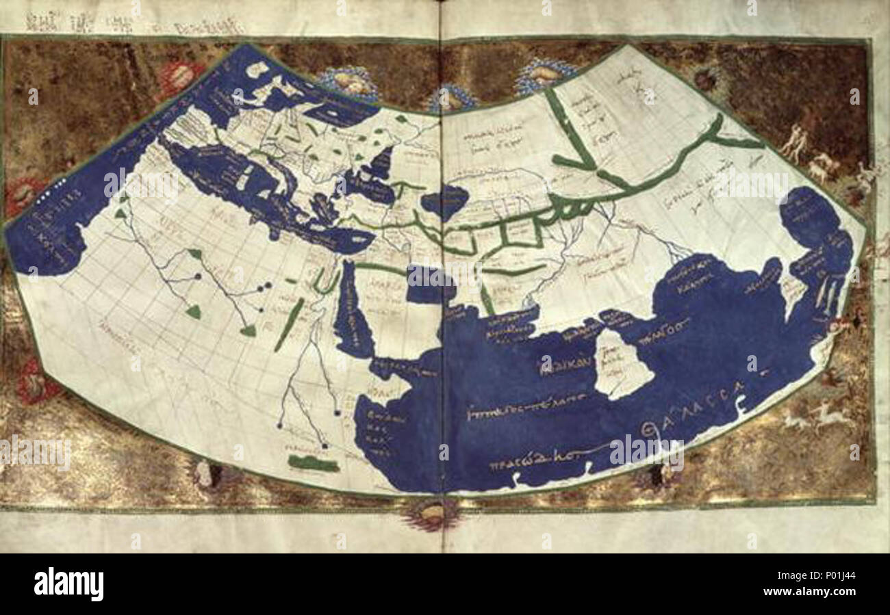. Inglese: la mappa del mondo dopo quella di Tolomeo prima proiezione dall'inizio del XV secolo manoscritto greco edizione di Tolomeo la geografia (MS Gr Z 388 [=333] ss. 50 v. & 51 r.) dalla raccolta a Venezia in Piazza San Marco Biblioteca Nazionale Marciano di Venezia). Latina: Orbis Terrarum . inizio del XV secolo. Tolomeo 10 mondo greco mappa dopo Tolomeo proiezione 1 Foto Stock