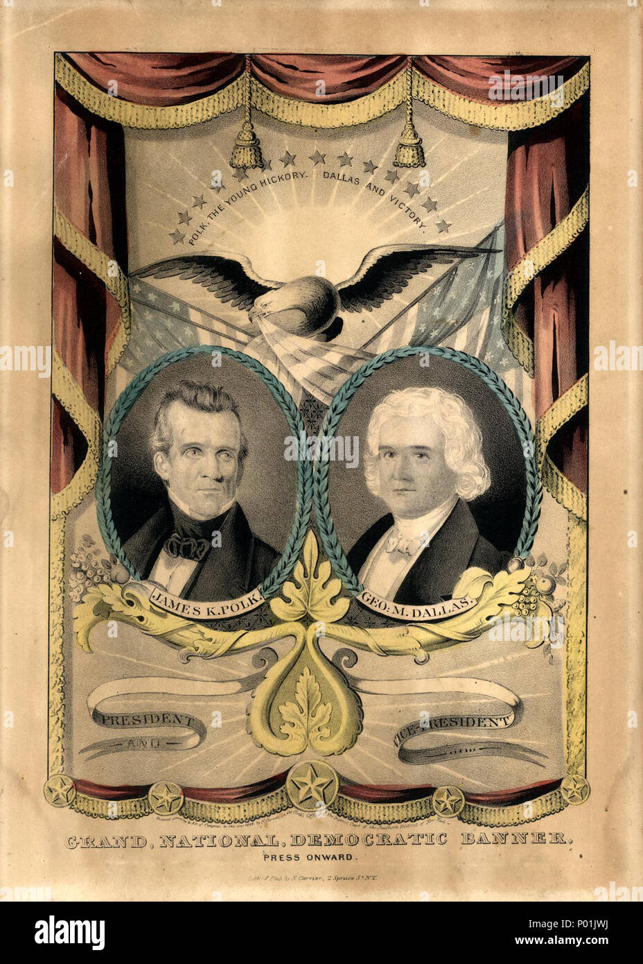 . Uno dei numerosi i banner della campagna di Nathaniel Currier è noto per aver prodotto per i democratici in 1844. Esso presenta due laurel-inghirlandato, ovale ritratti di presidenziale democratico e vice-candidati presidenziali James K. Polk (sinistra) e George M. Dallas (a destra). La stampa imita i drappi appesi e fiocchi di stoffa banner, che aspirano a un 'trompe-l'oeil' effetto. Al centro, sopra i ritratti, appaiono un aquila e diverse bandiere nordamericane. Di seguito i ritratti sono acanto cornucopie simili a quelle del 'Grand National Whig Banner Premio Badge" (n. 1844-9). Lo slogan della campagna "Polk, Foto Stock